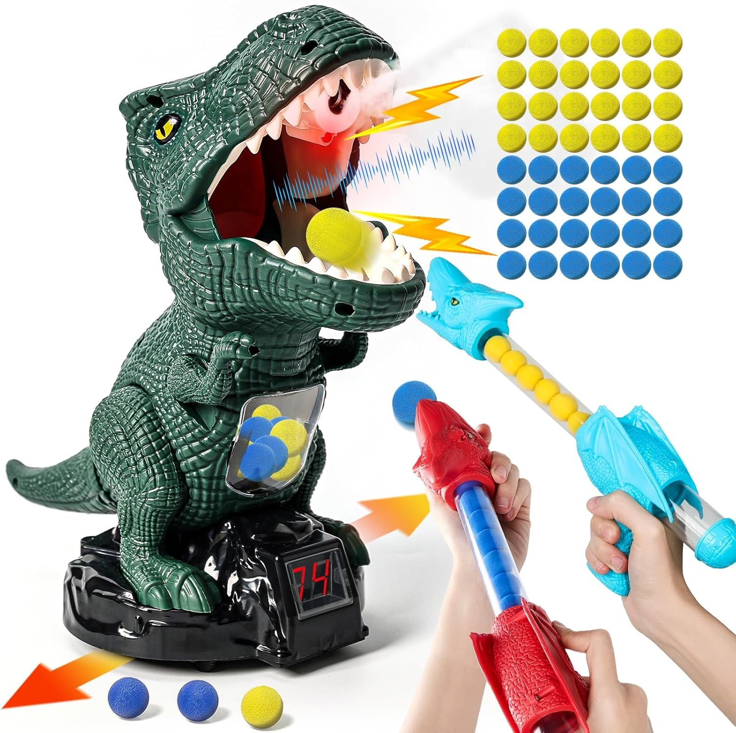 Movable Dinosaur Shooting Toy for Kids 3 4 5 6 7+ Years, 2 Air Pump Guns & 48 Foam Balls, LED Score + Spray Sound, T-Rex Target Game image number 3