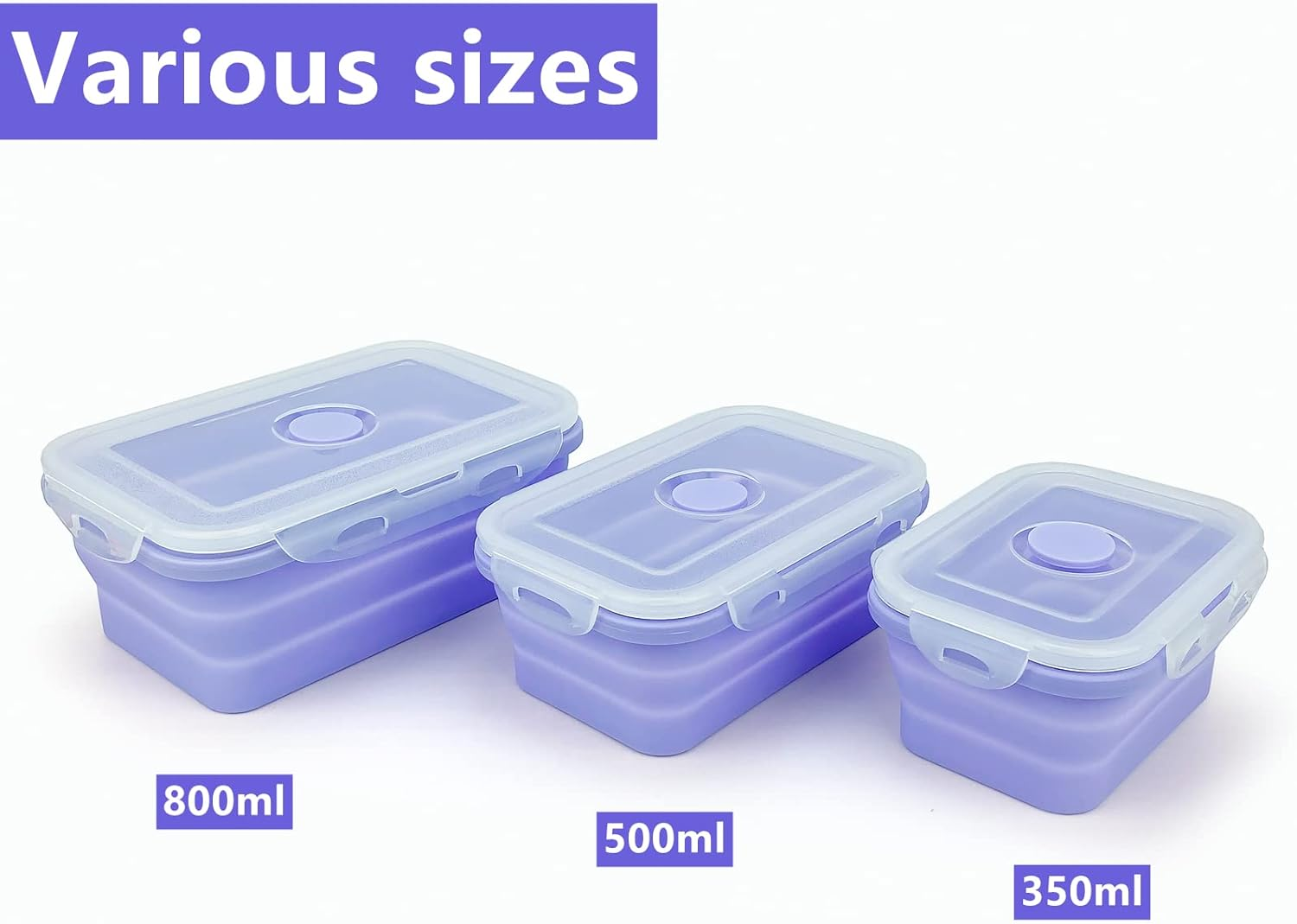 Lunbengo Purple Collapsible Meal Prep Containers Camping Bowls Silicone Bento Box with Airtight Plastic Lid, Microwave Safe, Portable Lunch Container, for Food Storage, Travel and Hiking, 3Pack