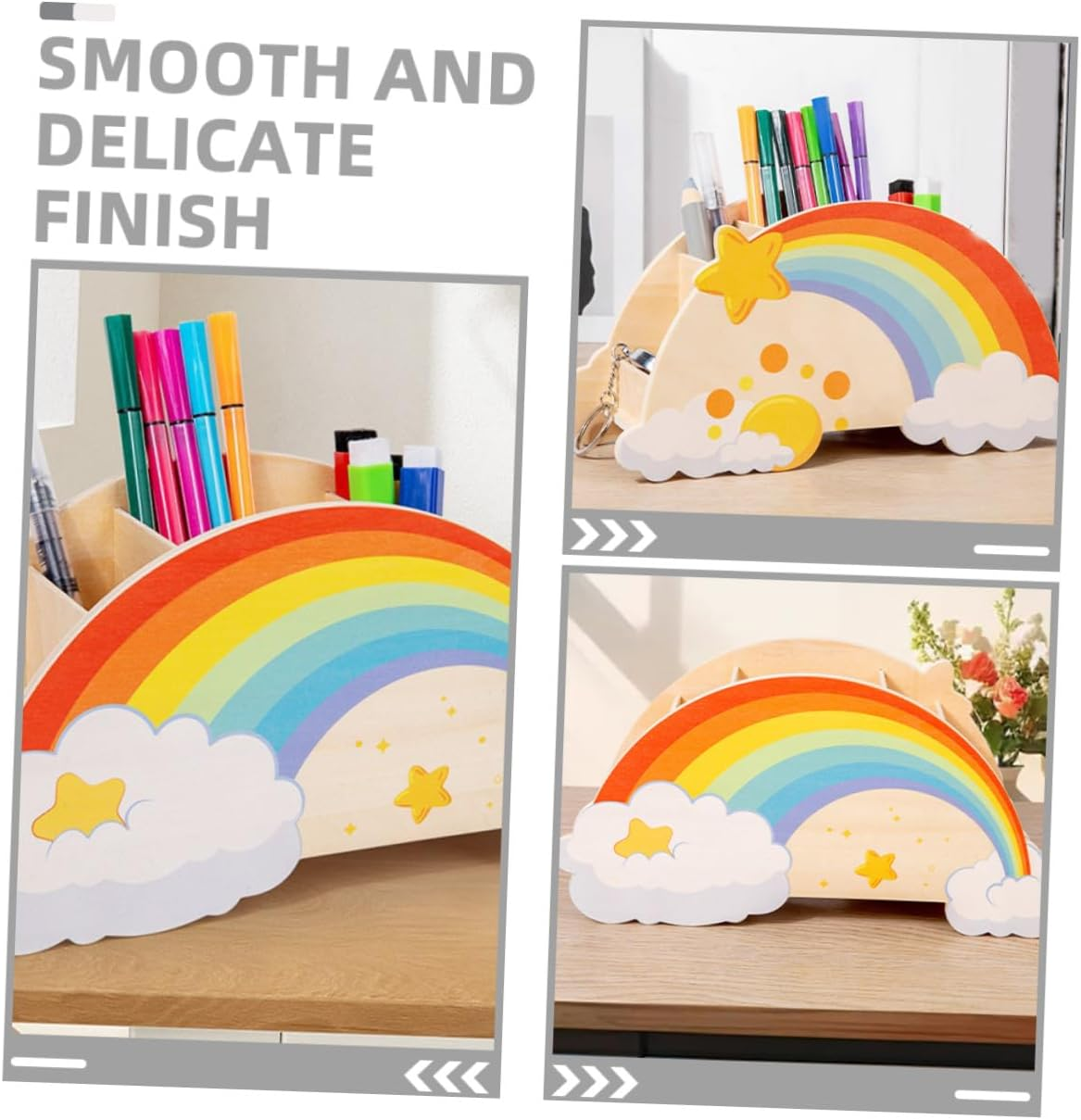 ARTIBETTER Rainbow Wooden Pen Holder Pencil Organizer for Boys and Girls Classroom School Makeup Brush Storage Cute Desktop Stationery Organizer image number 6