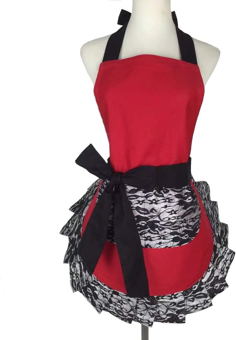 Hyzrz Cute Lace Flirty Apron with Pocket Fun Retro Sexy Cooking Aprons for Women Girls