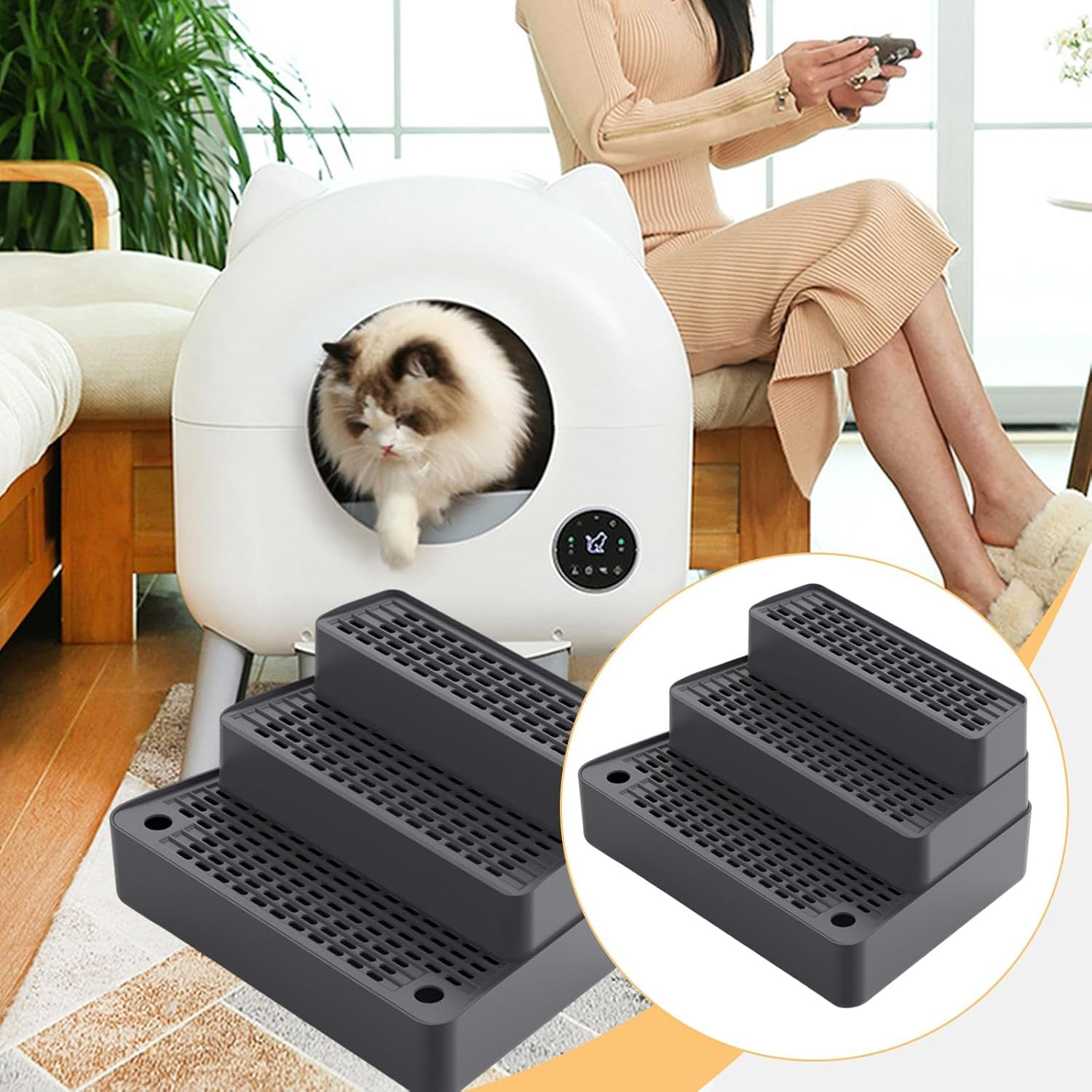 Generic Automatic Cat Litter Ramp, 3-Step Mat, Easy-To-, Washable, Removable Cat Litter Step Footboard, Dark Gray - Black image number 4