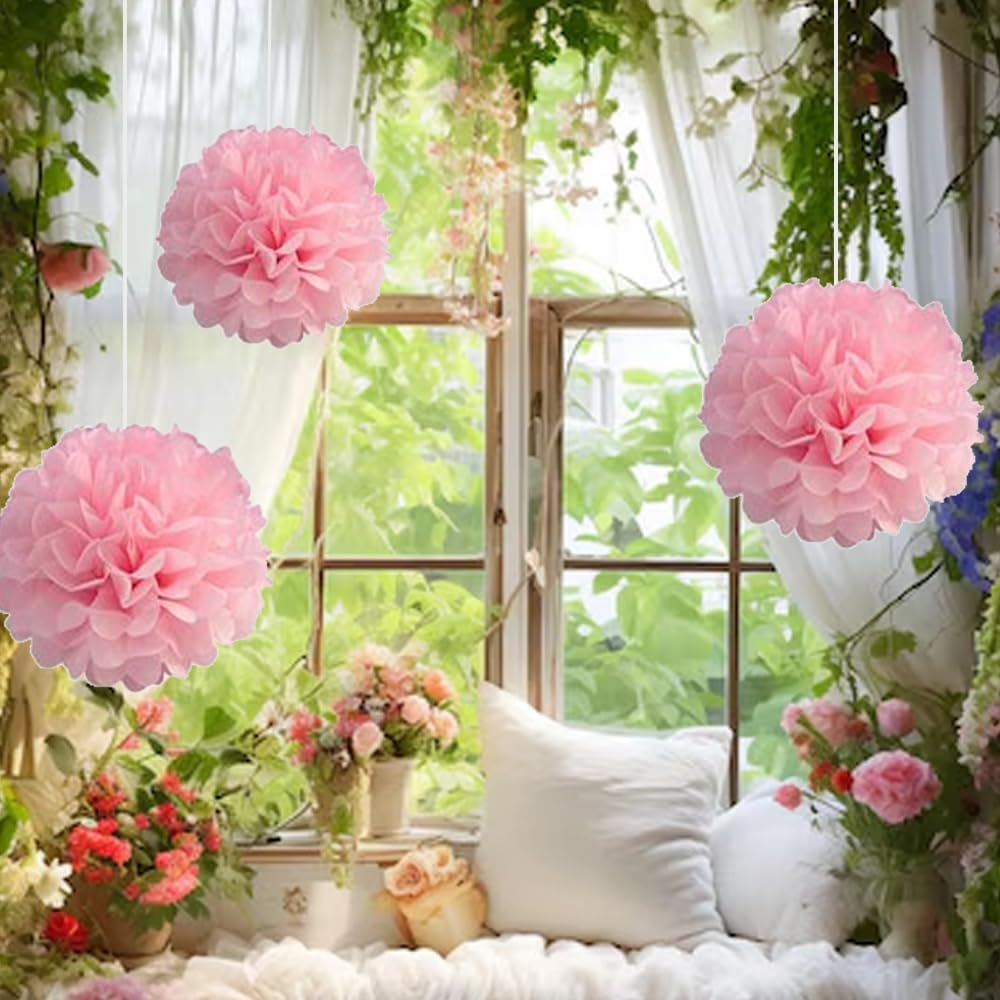 EOMECUIGAO Pink Tissue Pom Poms Paper 10Pcs, 10-12 Inch, Perfect for Weddings, Birthdays, and Parties image number 2