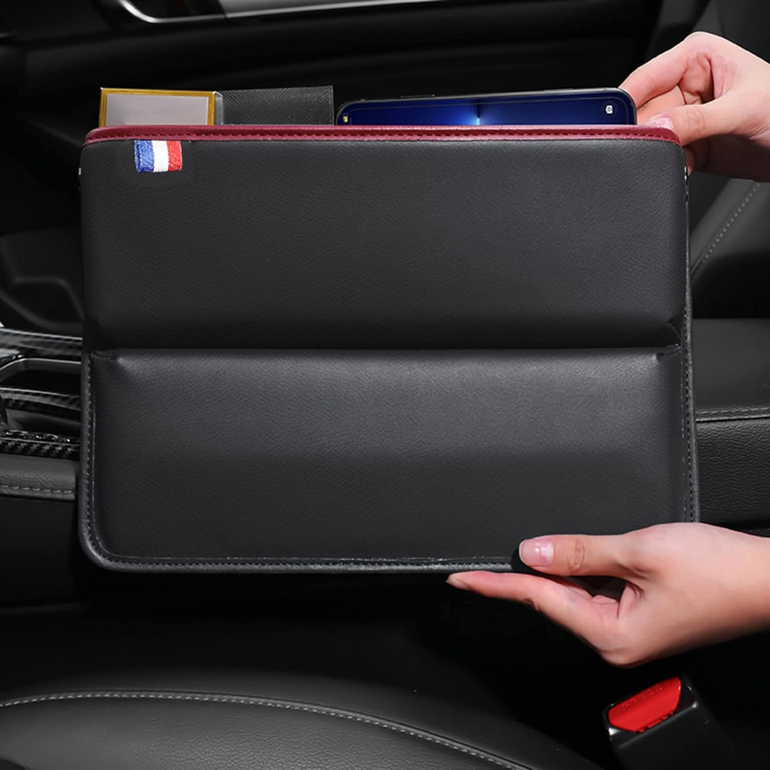 Car Seat Gap Filler, Universal Car Seat Gap Organizer Seat Gap Filler Storage Box between Front Seat Premium PU Leather Console Catcher Universal Pocket image number 1