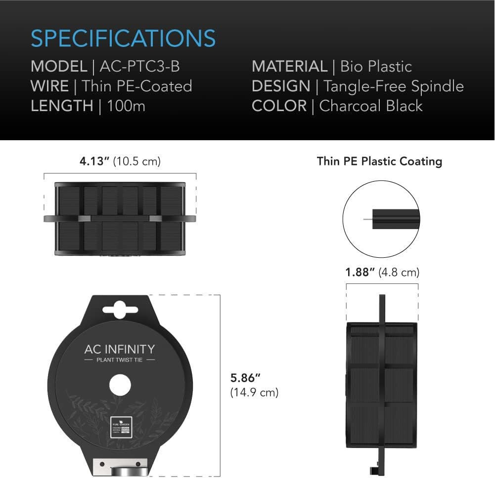 AC Infinity Twist Ties with Built-In Cutter, 100M (328 Ft.) All-Purpose Reusable Black Wire Plant Ties, for Gardening, Plant Support, and Home Office Organization