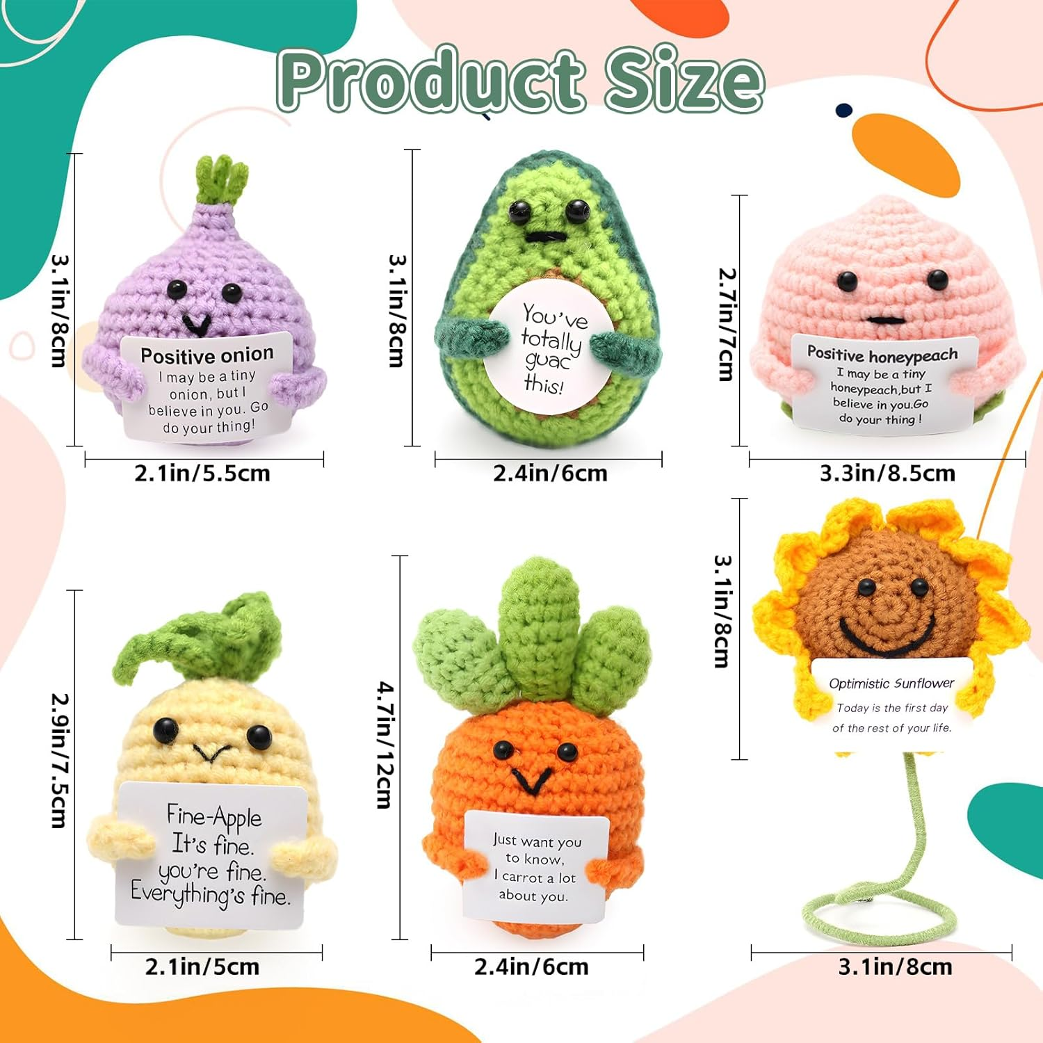 6 Pcs Crochet Emotional Support Positive Pickle for Women, Small Plush Novelty Funny Emotional Support Avocado Pickle Toys with Positive Note for Desk Home Decor Birthday Valentines Gift image number 1