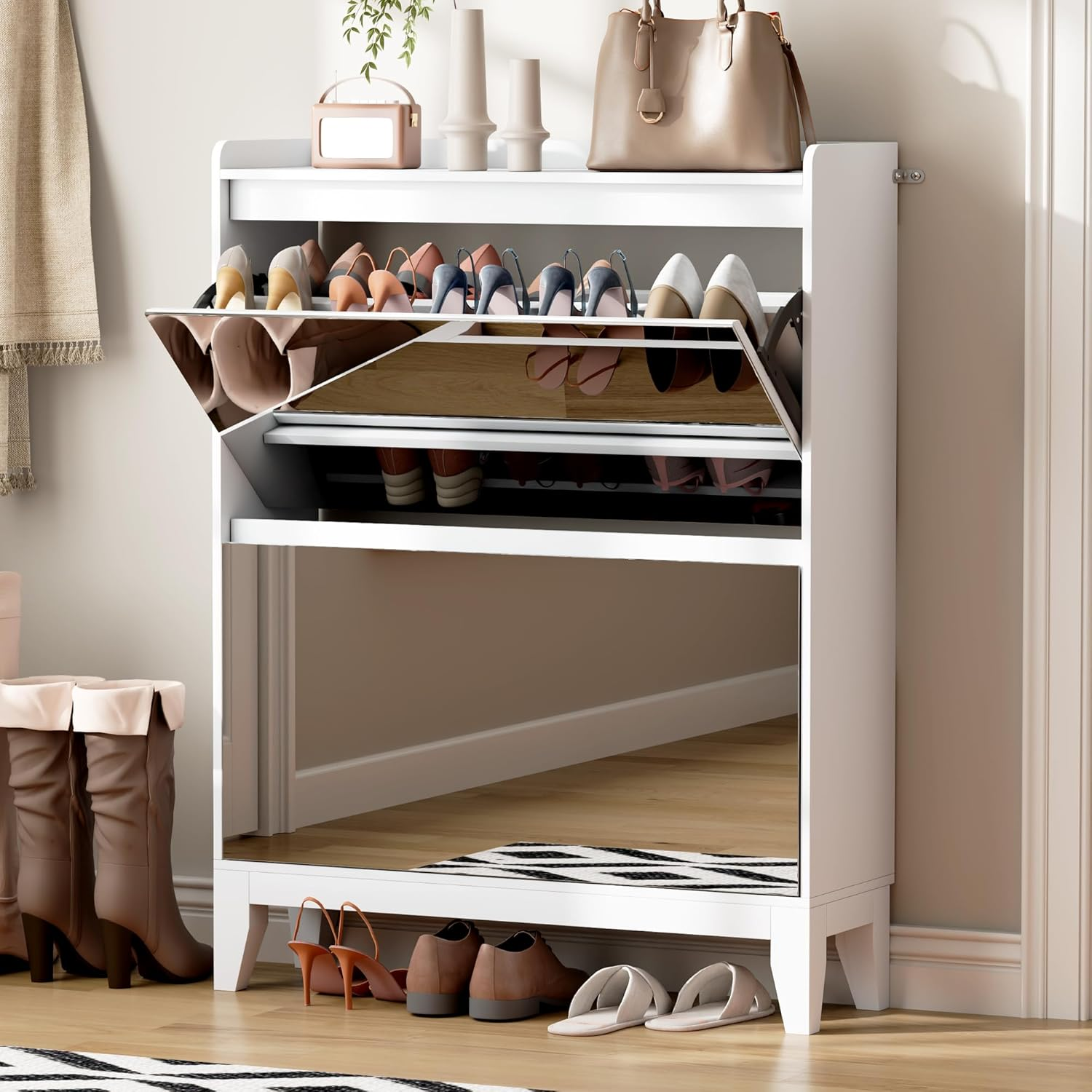 Dystler Shoe Cabinet with 2-Flip Mirror Drawers, Freestanding Shoe Rack Organizer with Legs, Slim Narrow Shoe Storage Cabinet for Entryway, Entrance, Hallway, Bedroom (White) image number 3