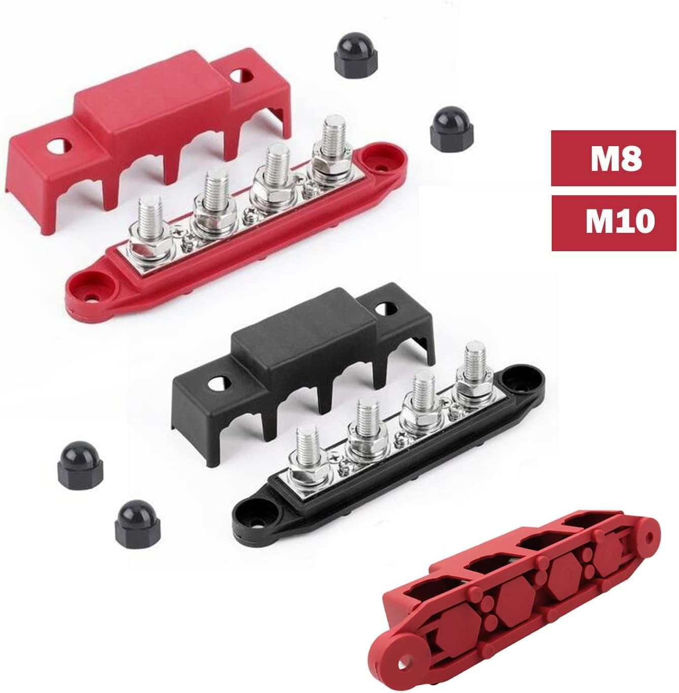 AULESSE 12V-48V DC Bus Bar Power Distribution Block 5/16" (M8) 4 Studs Heavy Duty Busbar Stud Terminal Junction Block with Cover and Ring Terminals 250 Amp for Cars Rvs Ships Yachts (Red+Black) image number 4