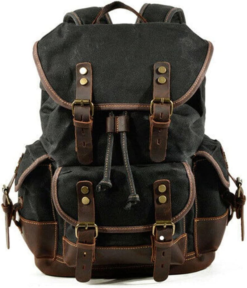 Jahomieo Canvas Backpack, Casual Vintage Leather Rucksack 15.6" Laptop Backpacks for Men Women Traveling Hiking