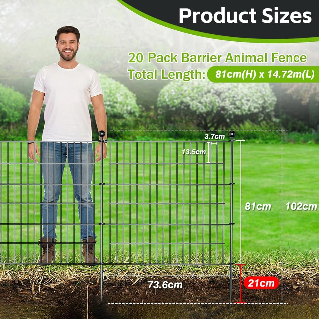Springup No Dig Garden Fence for Outdoor Yard Decorative Animal Barrier Fencing Rustproof Metal Wire Panel Border for Dog Rabbits and Patio Ground Stakes (K21- Black, 20 Panels - 14.72M(L) X 81Cm(H)) image number 4