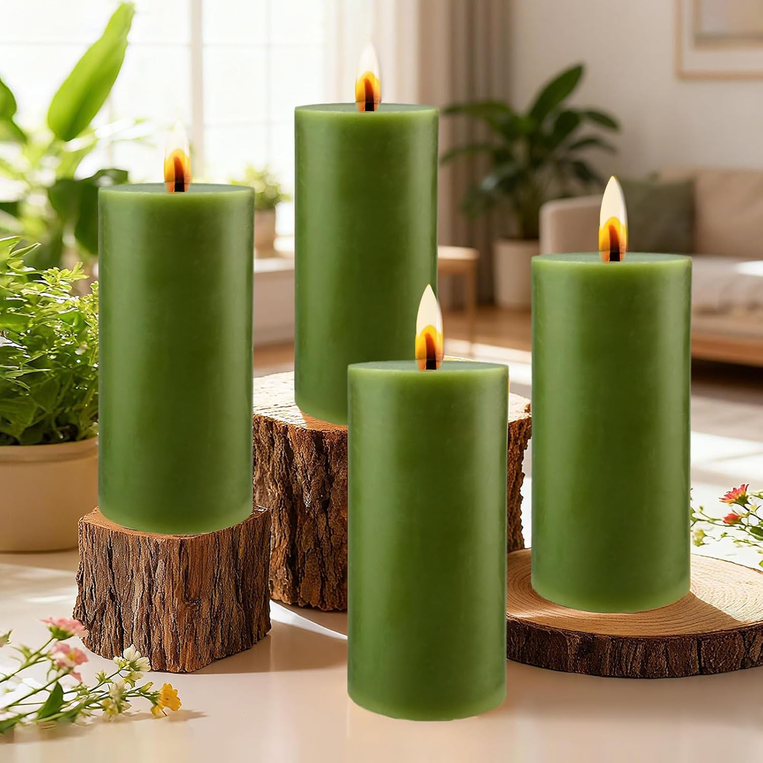 Pack of 4 Pillar Candles, Green Height 10 Cm, Diameter 5 Cm, Long Burning Time, Candle Set, Pillar Candles, Decorative Table Candles, Christmas Candles for Household, Celebrations and Catering image number 3
