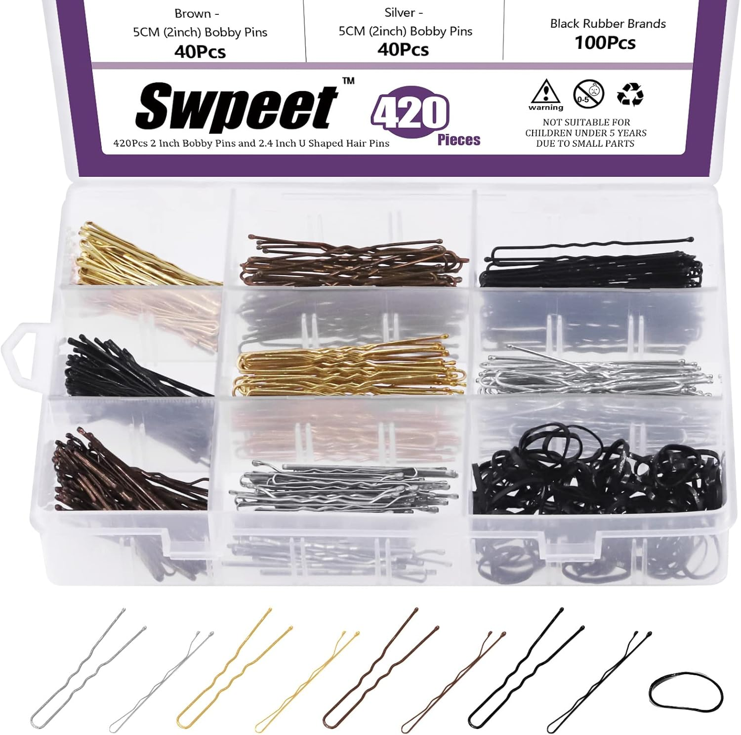 Swpeet 420Pcs 2 Styles 1.9Inch 2.4Inch Black/Gold/Brown/Silver Hair Pins Bobby Pins with Rubber Bands Kit, Including 160Pcs Bobby Pins and 160Pcs U Hair Pins Hair Clips for Girls and Women