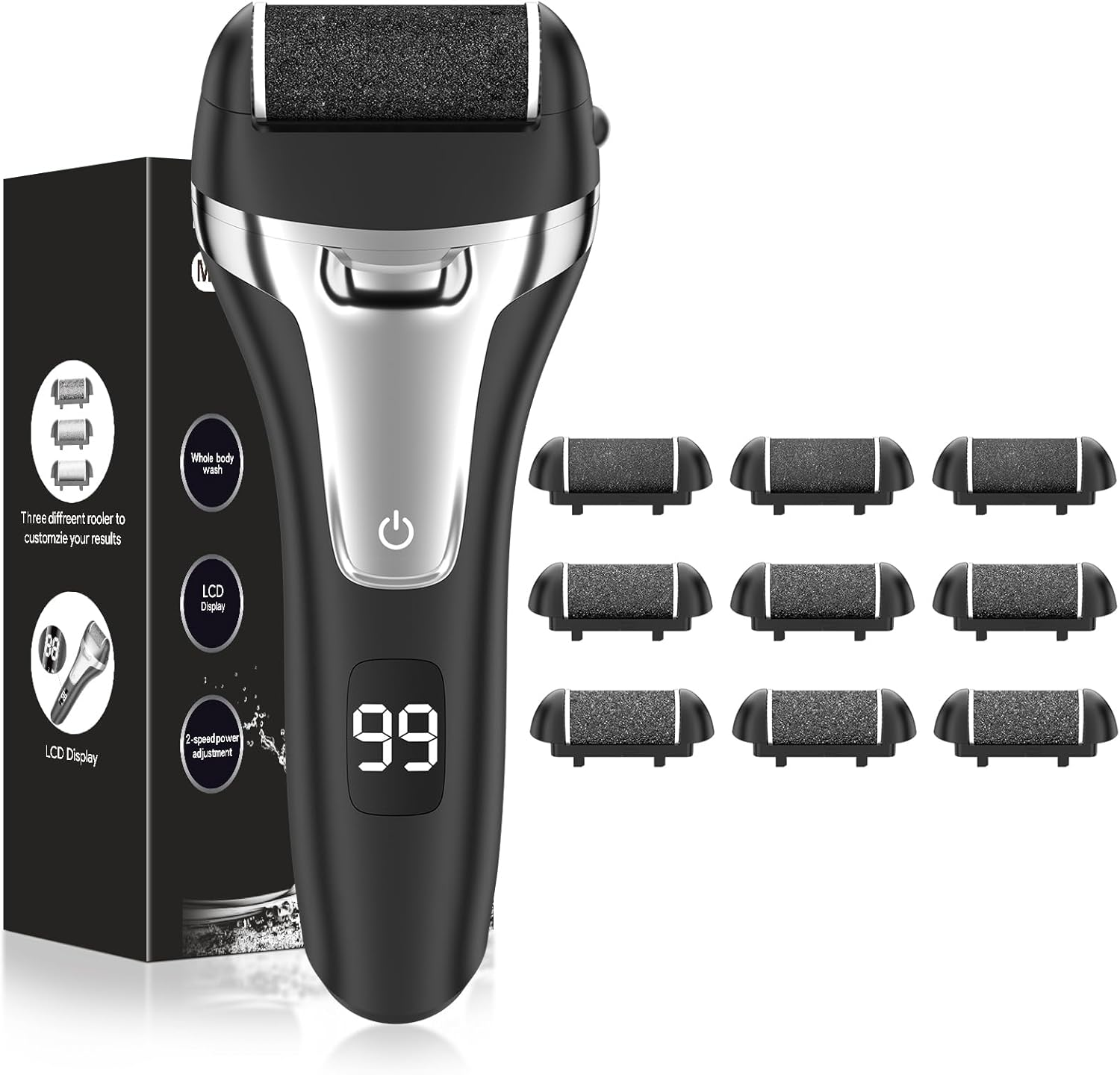 Electric Callus Remover, Foot Care Set with 9 Replacement Rollers, 2 Gears, Callus Remover, Pedicure, Callus File, Callus Remover for Foot Care (Black-9)