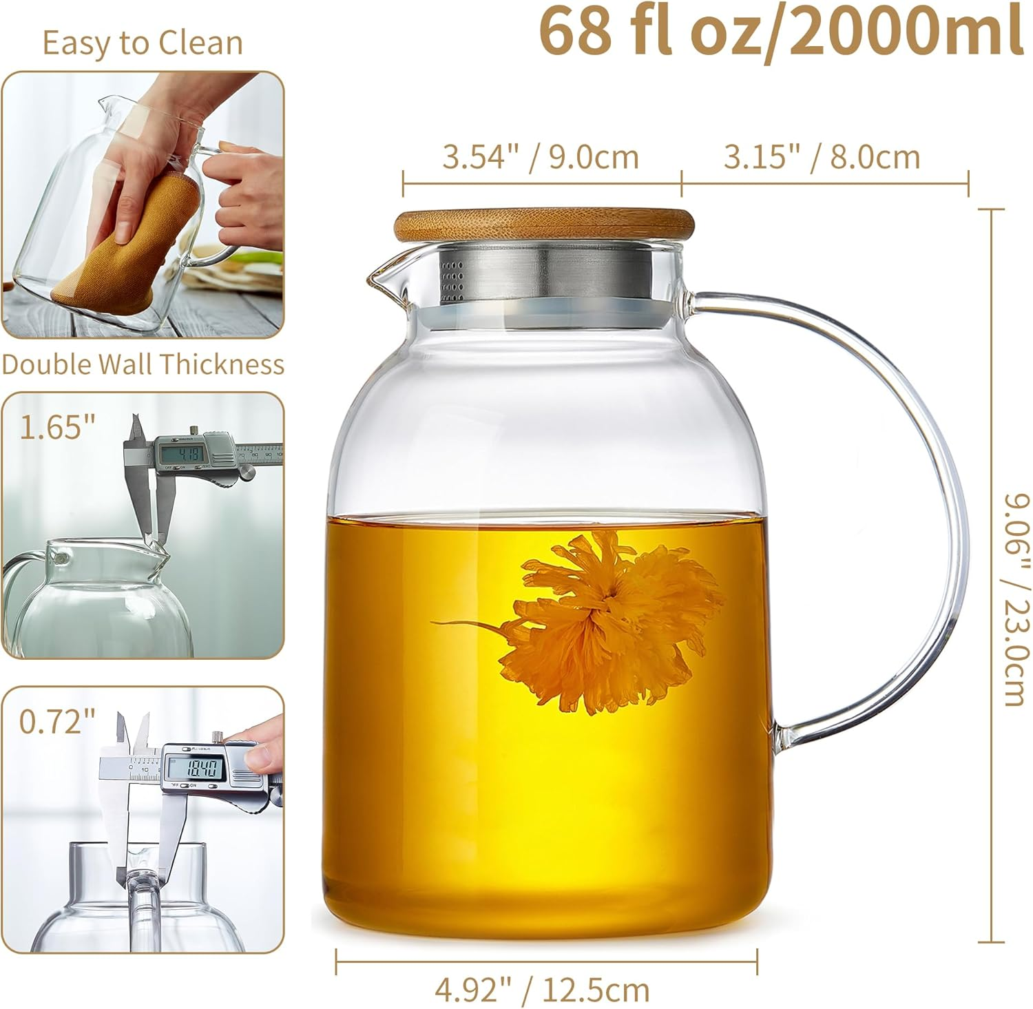 Large Glass Teapot with Infuser, Stovetop Safe, Thickened Heat Resistant Borosilicate Glass, 68 Fl Oz Glass Tea Kettle with Bamboo Lid image number 1