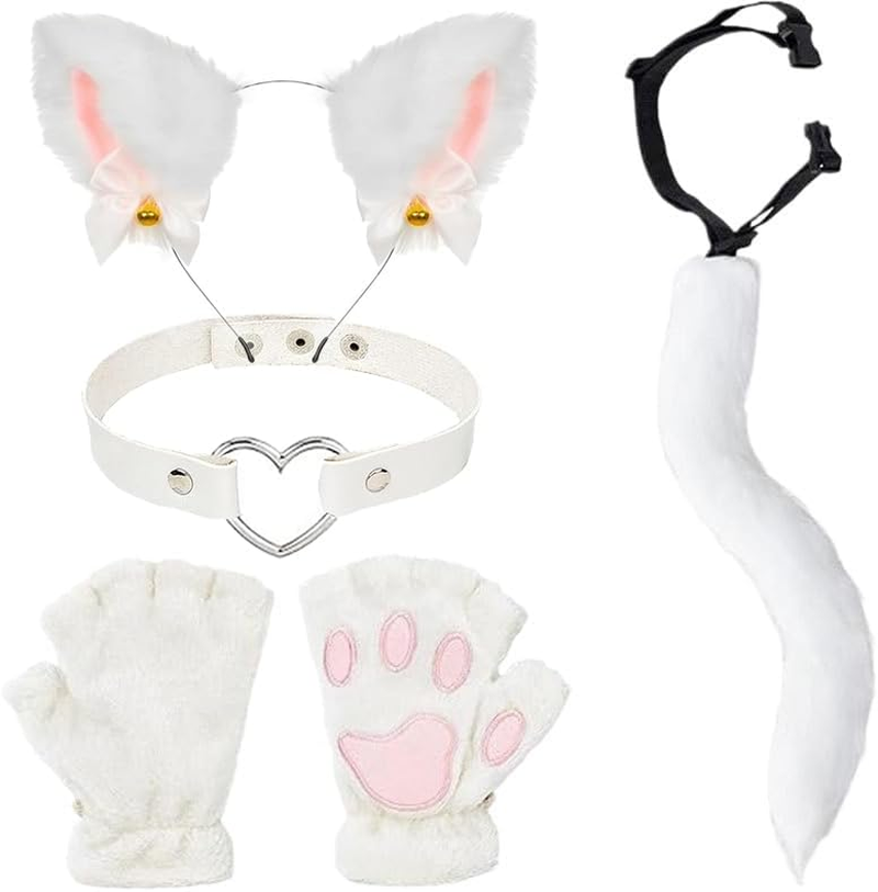 Faux Fur Fox Tail Cat Wolf Cosplay Costume Set, Cats Ear Headbands Tail Cats Paw Glove Leather Neck Chocker Set Halloween Christmas Party Animal Role Play Accessories (White) image number 3