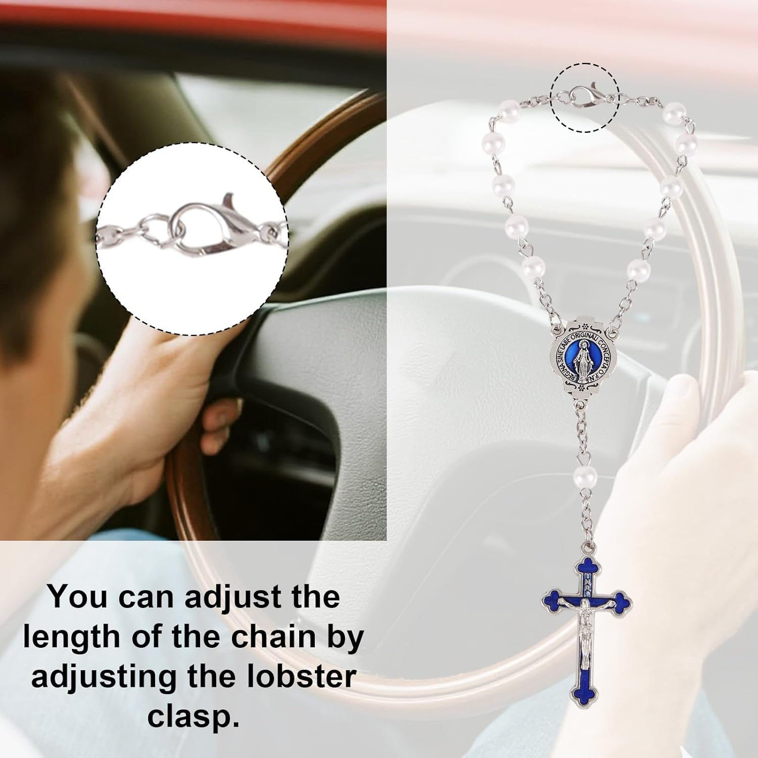 Steering Wheel Rosary Charm, Silver Catholic Car Accessory with Virgin Mary Crucifix and Pearls Rear View Mirror Hanging Ornament for Men & Women image number 2