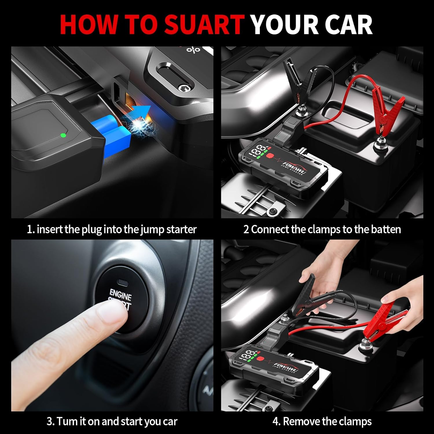 FOWAWU 26800 Mah 7000 a Peak Jump Starter for 12 V Vehicles (12 L Petrol / 10 L Diesel) and Moto, Car Battery Jump Starter Power Pack with Smart Jumper, 5 * 3.5 CM Large Screen and LED Torch - 4000A image number 2