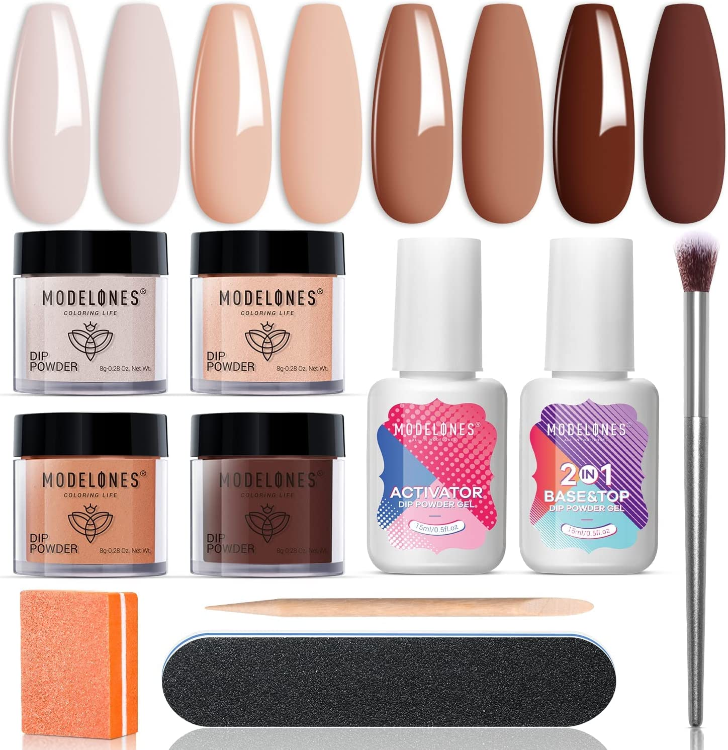 Modelones 10 Pcs Dip Powder Nail Kit Starter, 4 Colors Brown Nude Skin Tones Neutral Dipping Nails Kit with 15Ml Base Top Coat Activator Liquid Set and Nail Tools, Dip System Kit No Lamp Needed Saving Time DIY Manicure Salon Extension Kit image number 4