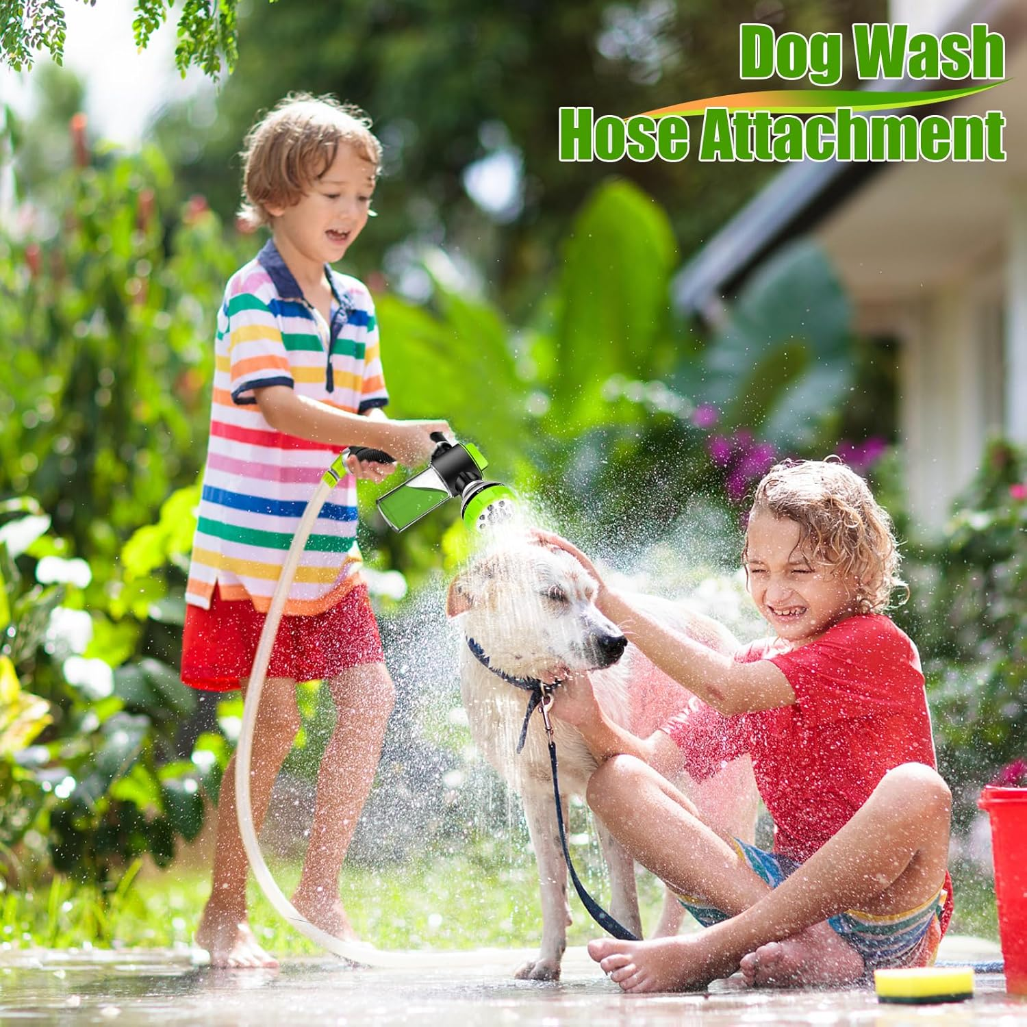 Dog Washing Hose Attachment, Dog Sprayer with 3.5Oz/100Cc Soap Dispenser Bottle, Massage Brush, Solid Brass Garden Hose Adapters, Garden Hose Nozzle for Pet Bathing, Car Washing - Green image number 7