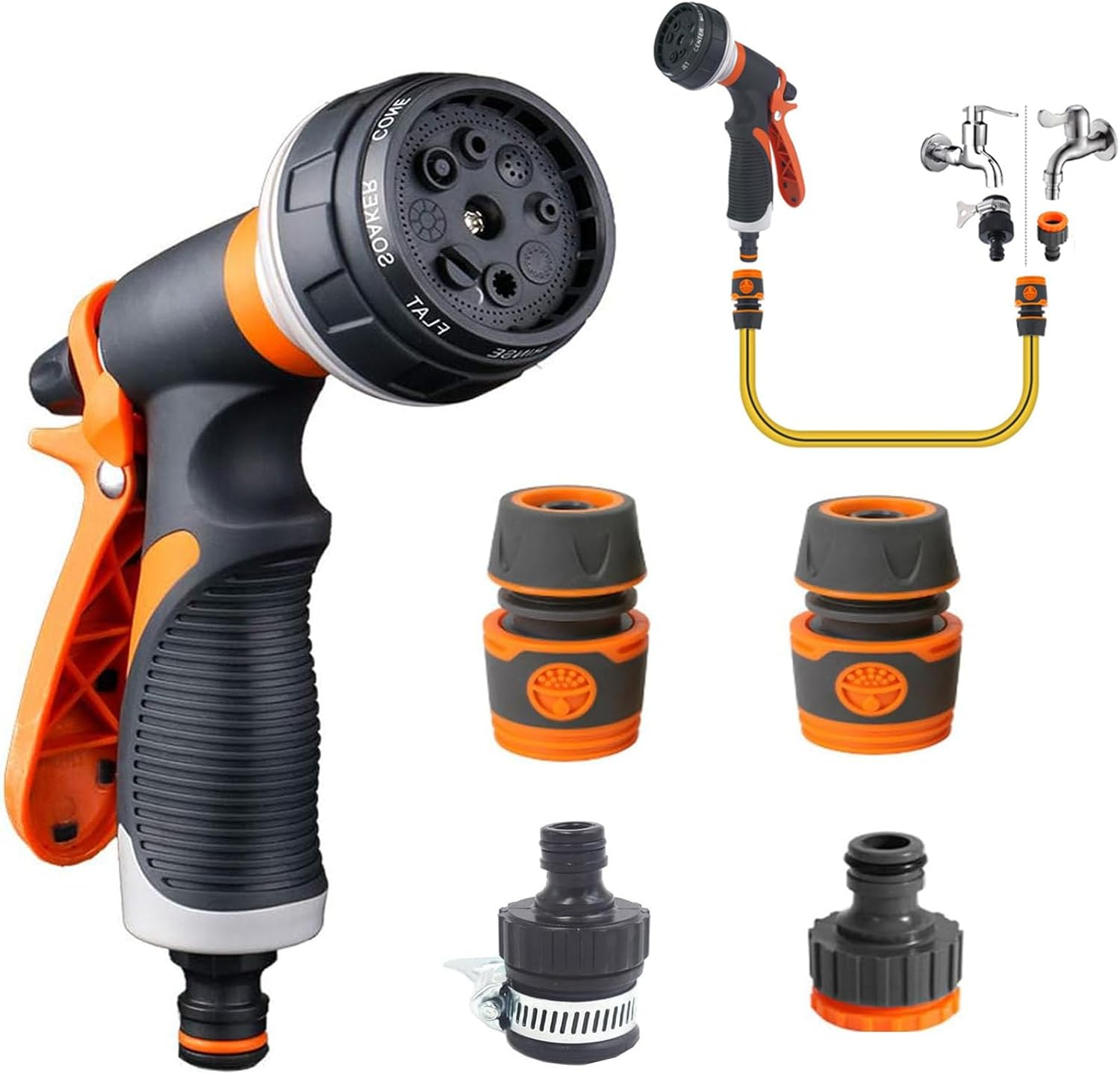 Water Nozzle Set, High Pressure Garden Hose Nozzle with 4 Pcs Quick Connect Adapter for Watering, Multi Garden Hose Spray Gun with 8 Adjustable Watering Patterns for Plants, Garden Hand Spray Nozzle image number 1
