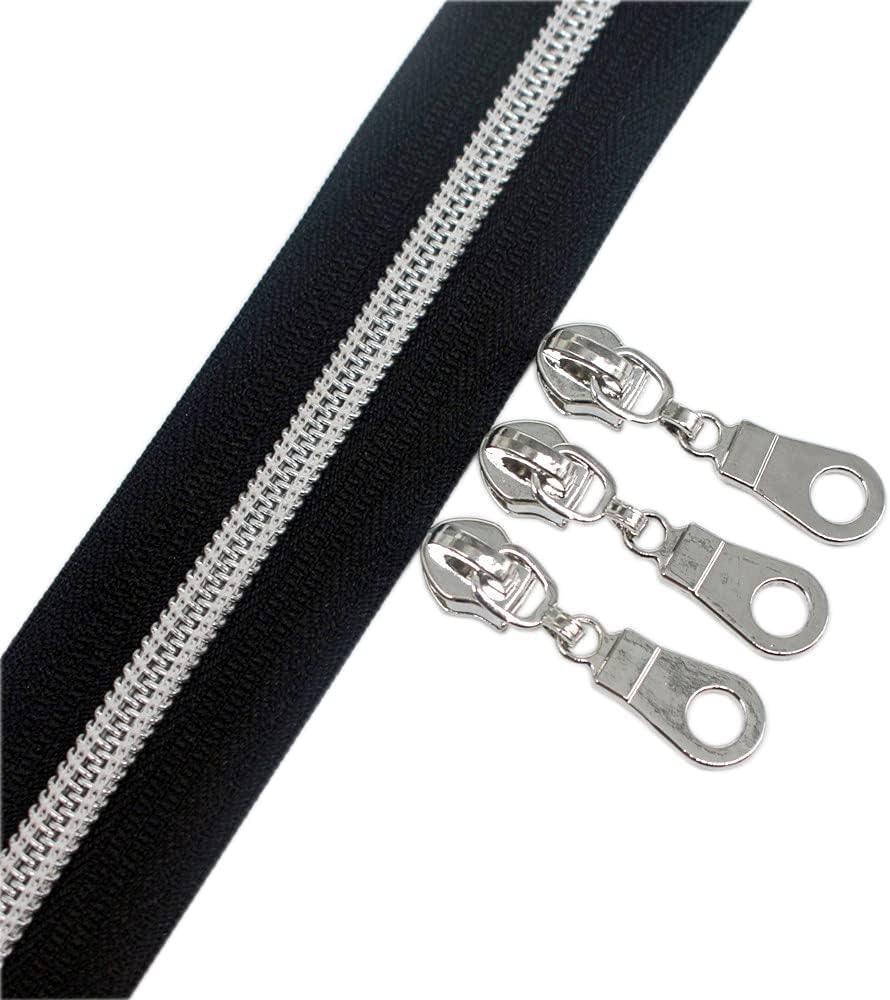 Yahoga (Silver) - 5 Silver Metallic Nylon Coil Zippers by the Yard Bulk 10 Yards with 25Pcs Silver Sliders for DIY Sewing Tailor Craft Bag image number 4