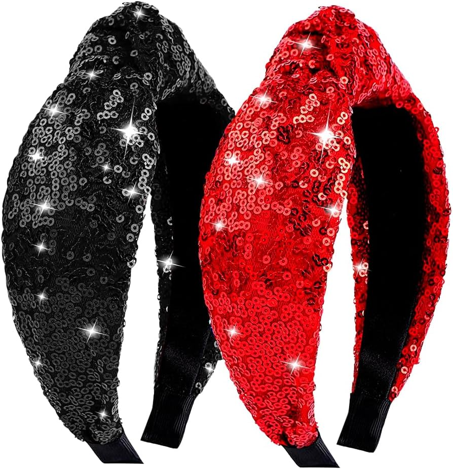 2Pcs Valentine&rsquo;S Day Headbands for Women Sparkle Red & Black Valentines Top Knot Embellished Headband Knotted Hairband Fashion Hair Hoops for Women Girls Valentine Party Gifts Hair Accessories