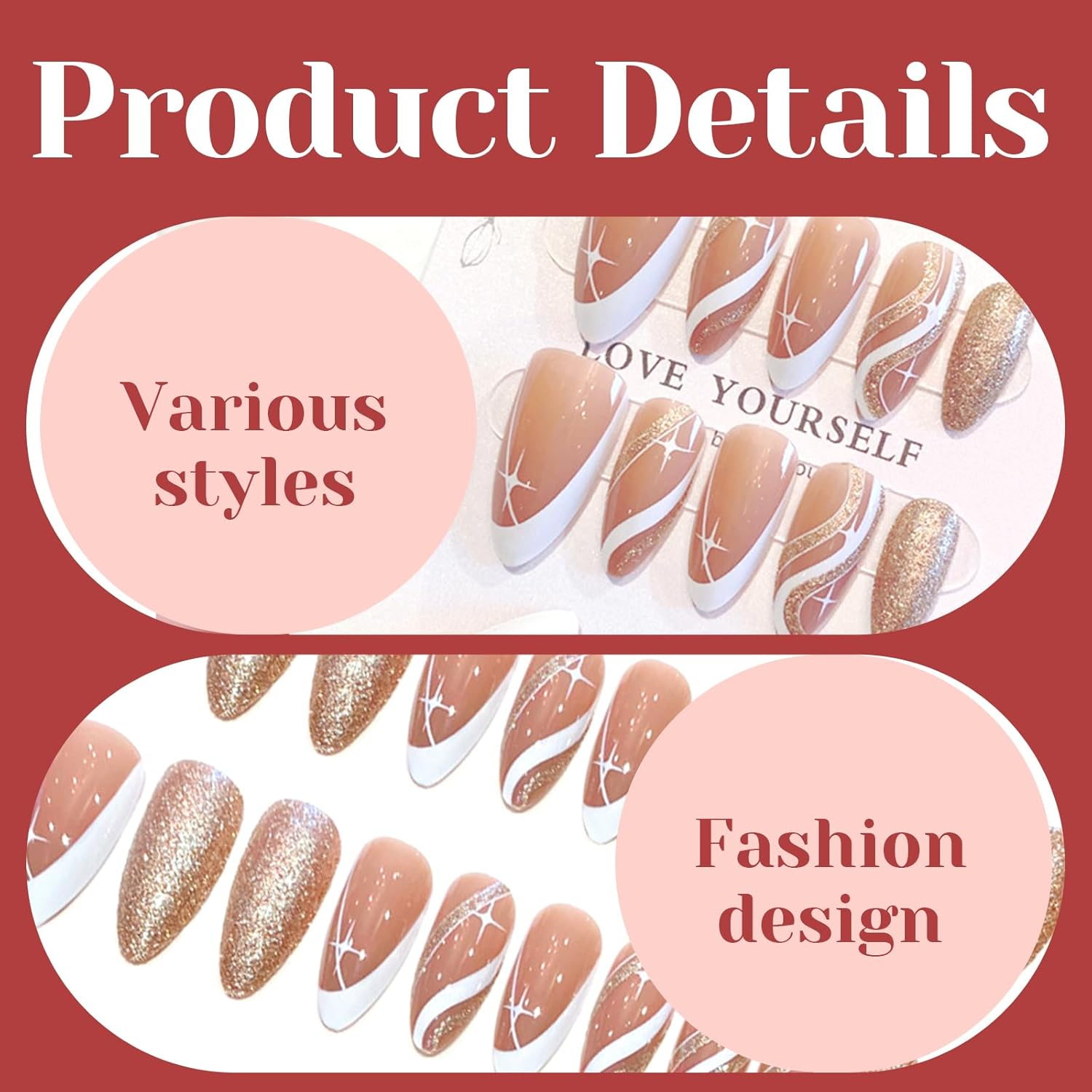 BUOKSLLY 24 Pieces Almond Shape Push on Nails, Matte Black & Gold Glitter, Nail Art Set, Stick on Nails for Daily Use, Party & More image number 4