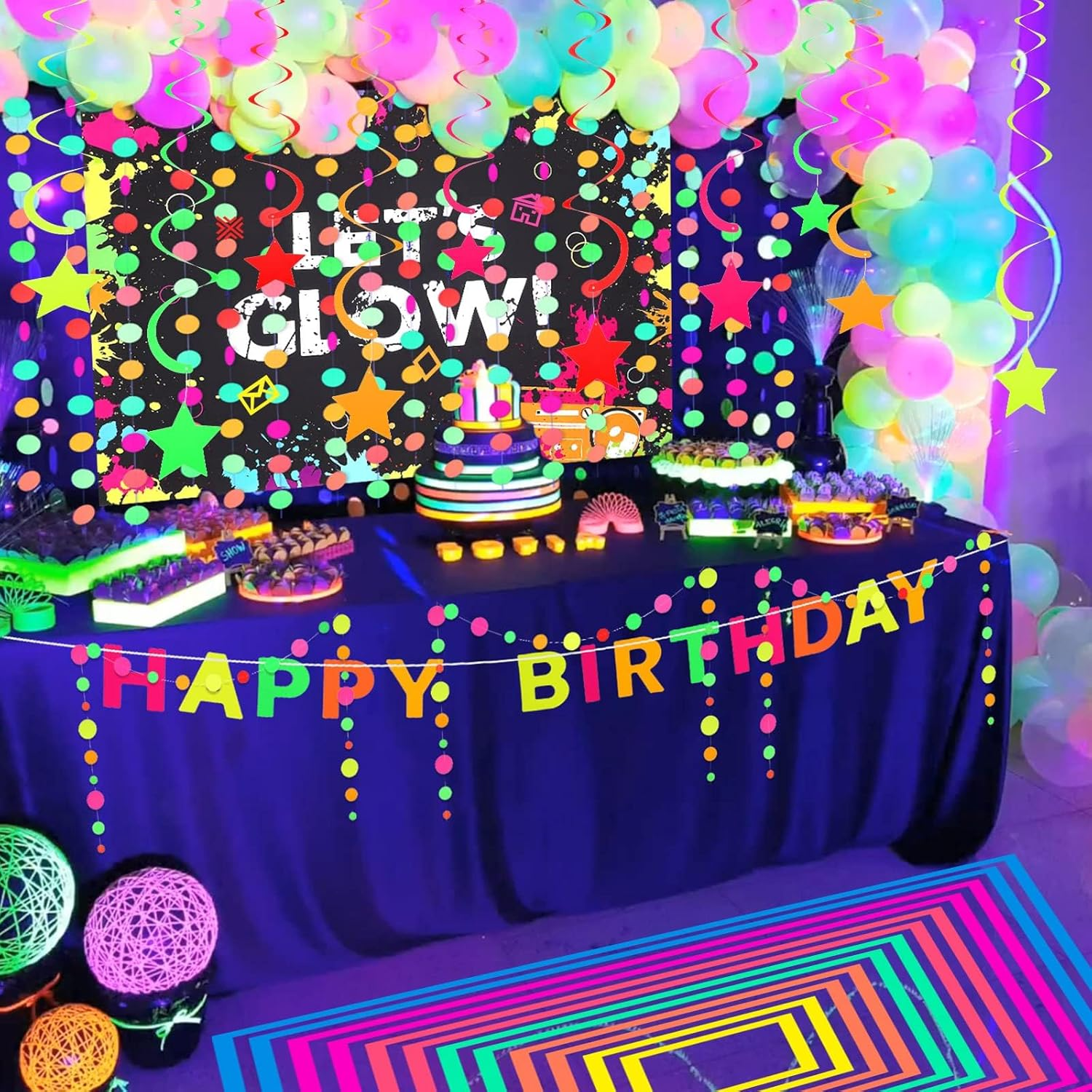Glow Party Neon Party Supplies Includes 6 UV Blacklight Reactive Tape Luminous Tapes Neon Paper Garland Happy Birthday Banner 10 Hanging Swirls, 25 Fluorescent Balloons for Birthday Party Decorations image number 2