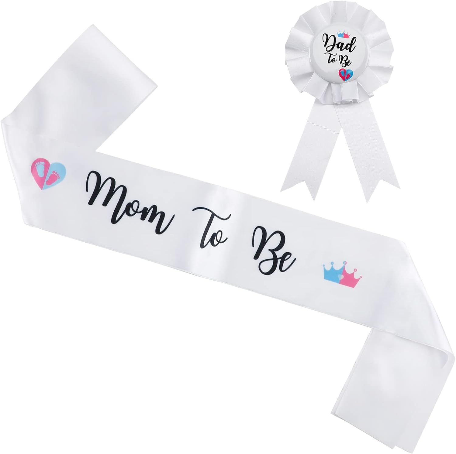Baby Shower Decorations Sash, Baby Shower Sash and Button Pin for Boy, Mom to Be' Sash and 'Dad to Be' Pin with Beautiful Crown Pattern for Baby Gender Welcome Party Gifts