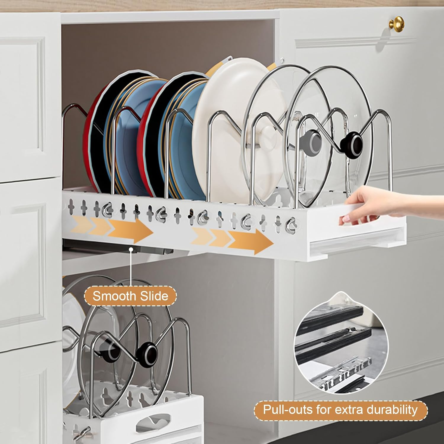 2 Pack Pots and Pans Organizer under Cabinet, Pull-Out Pots and Pans Organizer, under Cabinet Pot Lid Holder, Adhesive Sliding Type Pots and Pans Storage with 9 Adjustable Dividers (White) - White image number 3