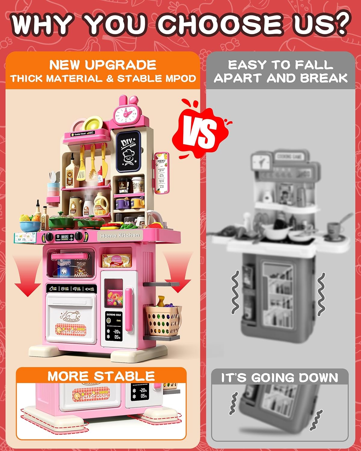 70PCS Kids Kitchen Playset with Sound & Light - Cooking Stove with Steam, Play Sink and Toy Kitchen Accessories - Pretend Kitchen Play Food Toys for Kids Boys Girls - Toddler Play Kitchen Set