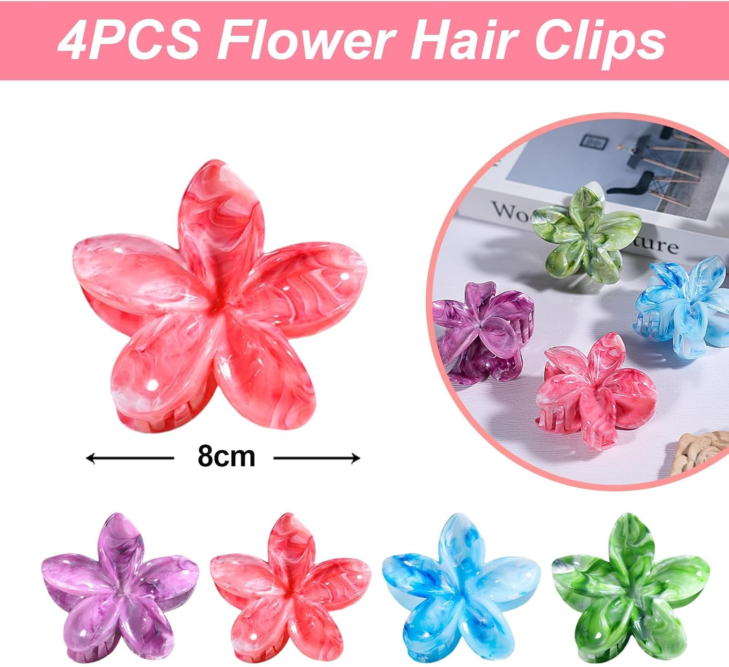 Yamobi Flower Hair Clips, Pack of 4 Hawaii Plumerias Flower Hair Claws, Artistic Multicoloured Lubrication Patterns Barrettes Hair Clips, Beach Tropical Hair Accessories image number 4