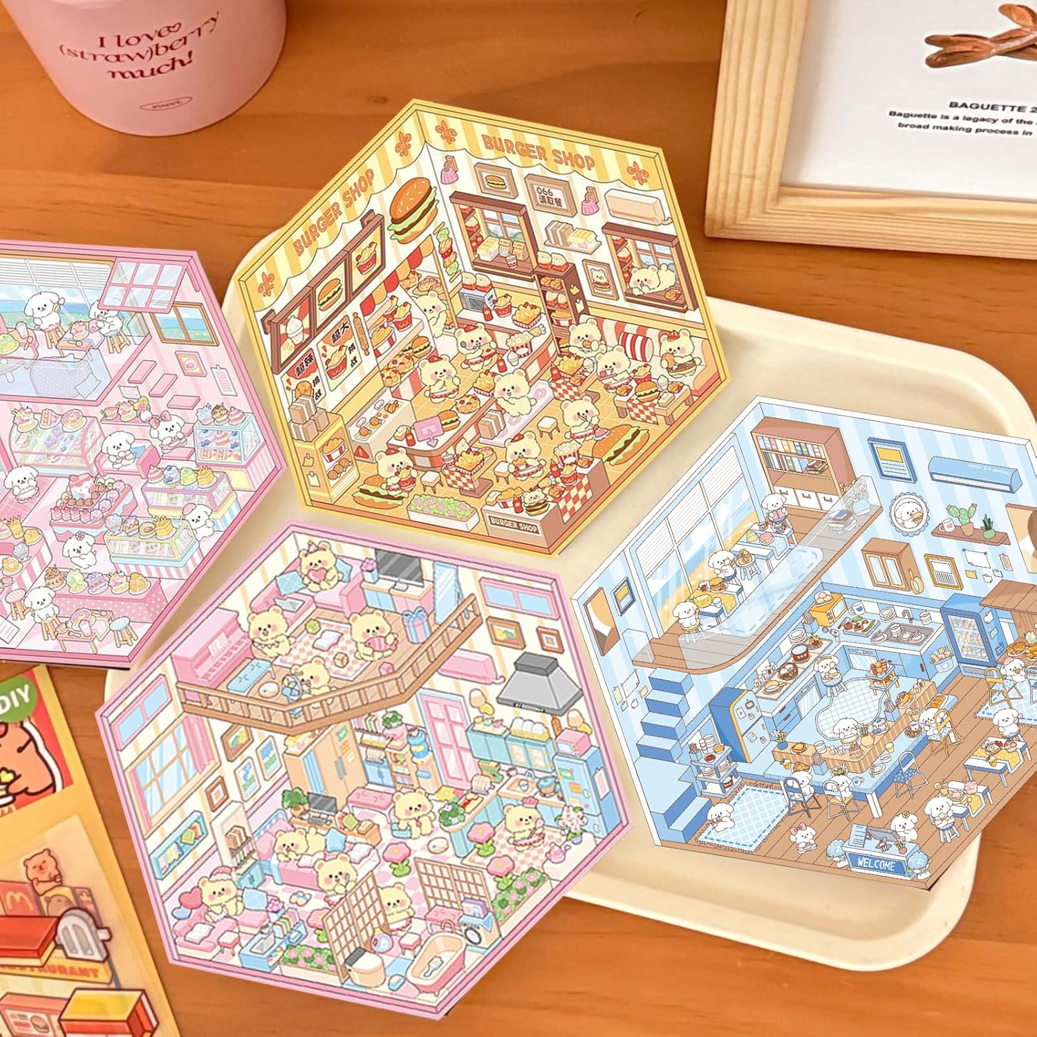 3D House Scene Stickers 8 Sets with 2 Metal Tweezers - DIY Mini Shop & Home Sticker Scenes for Kids & Adults, Cute Cartoon Animal Stickers for Stress Relief & Creativity image number 1