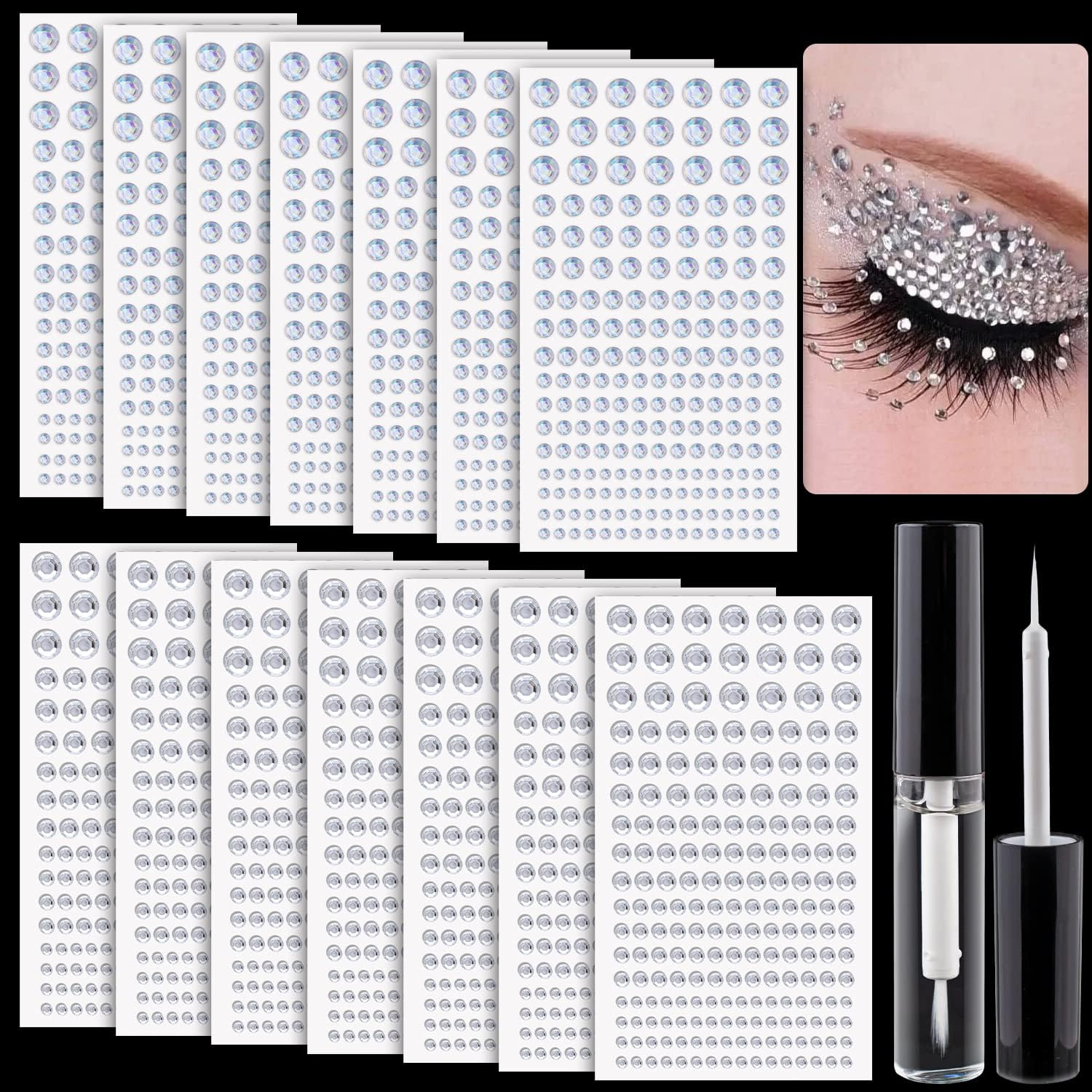2758 Pcs of Rhinestone Stickers 3/4/5/6/8Mm Clear+Laser Self Adhesive Face Gems, Stick on Body Crystal Jewels with Quick Dry Makeup Glue for Face Eye Hair Nails Make up and Craft DIY Decorations