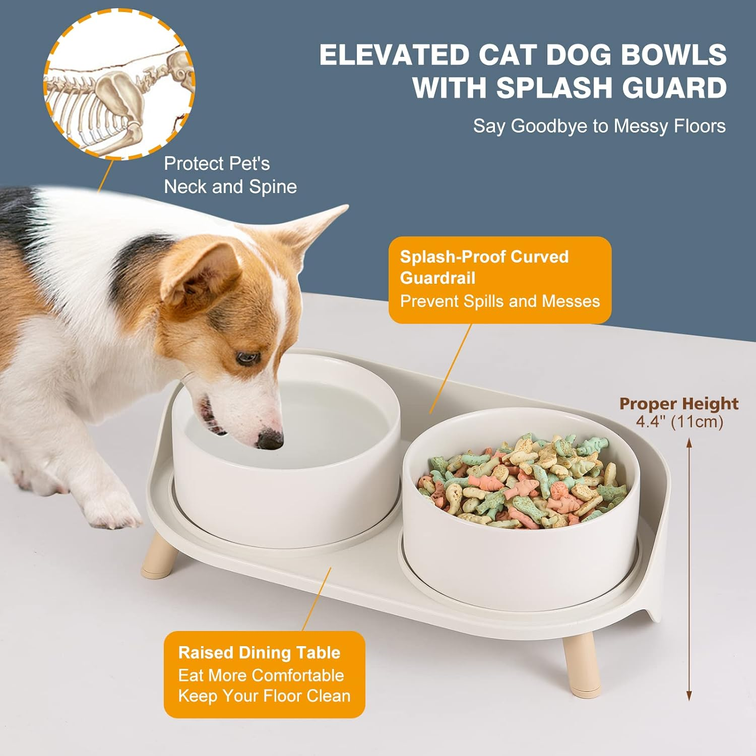Elevated Dog Food Water Bowl - Raised Dog Bowls with Stand Non Skid - Double Dog Feeding Bowl Set with Splash Proof Guard - Ceramic Pet Dish for Small to Medium Dogs and Large Cats - 28.74 Oz - 850 Ml image number 6
