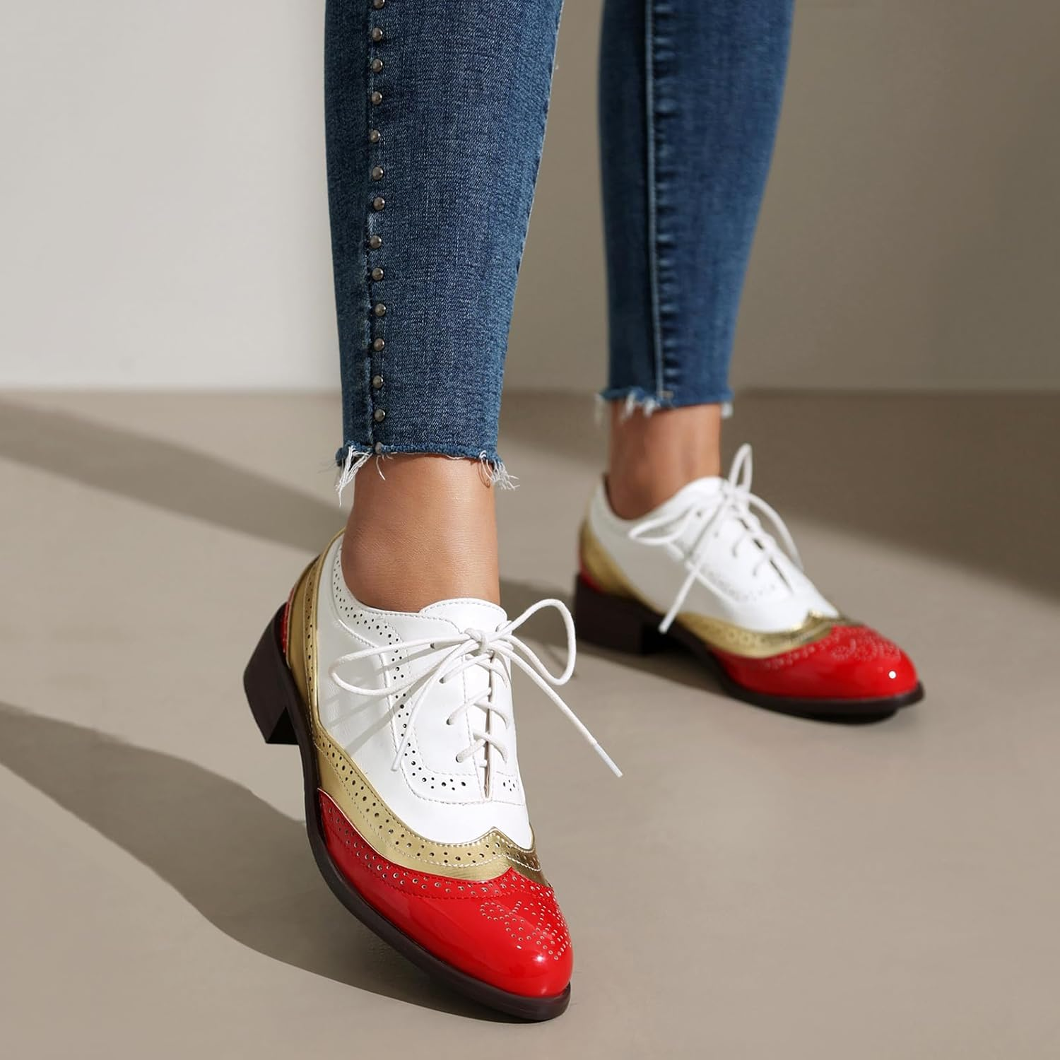 Galindopia Unisex Oxford Shoes Women Two Tone Perforated Wingtip Brogue