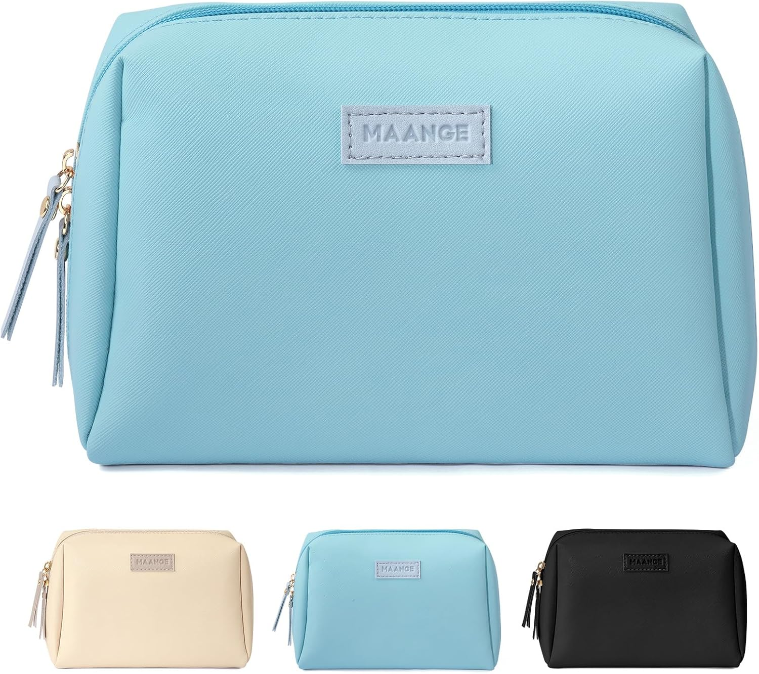 MAANGE Small Makeup Bag for Woman Cosmetic Bag with Zipper Travel Makeup Bag of Soft PU Leathercute Make up Pouch, Blue, Large image number 4