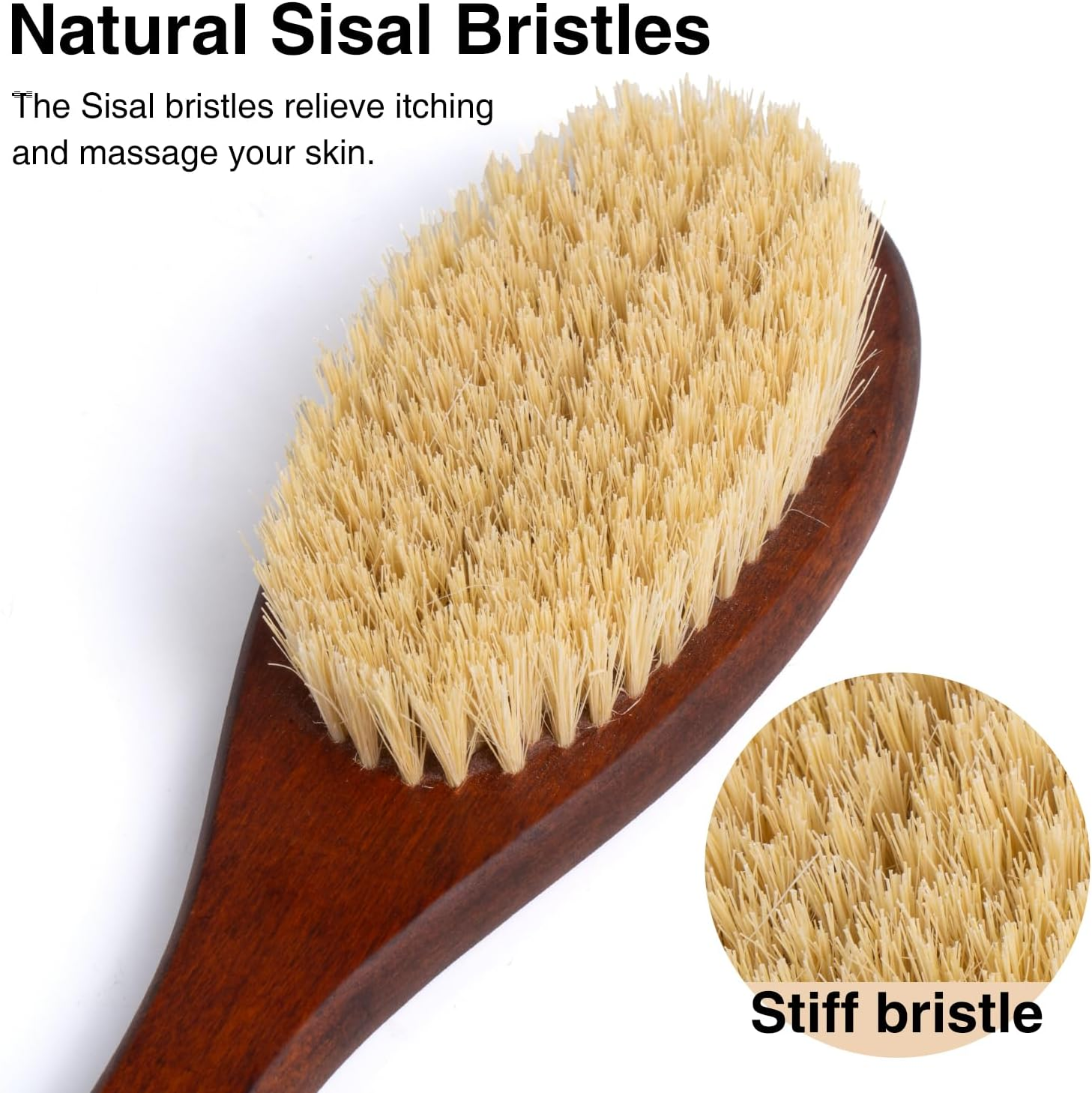 NENO CICI Wooden Bath Brush with Stiff Sisal Bristles Long Handle for Shower Back Scrubber Body Exfoliator (Stiff Sisal Fiber Hair) image number 2