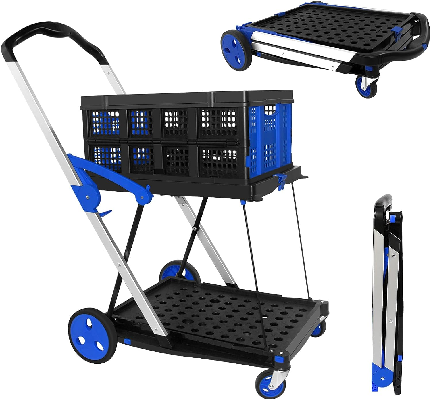 OSWIN Folding Trolley with Wheels, Double Layer Portable Trolley Shopping Carts, Folding Shopping Cart with Storage Crate, Office Folding Cart, Multi Use Functional Collapsible Carts for Supermarket