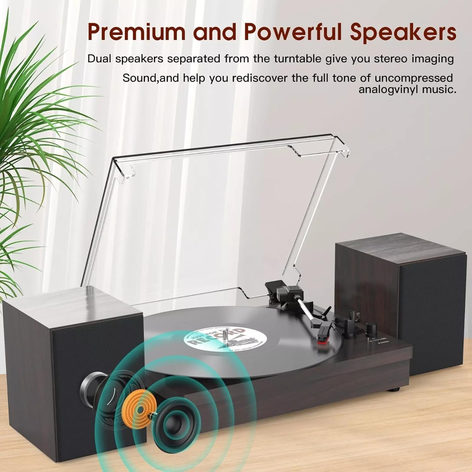 Black Retro Vinyl Record Player External Stereo Speakers Bluetooth, USB & AUX Input image number 5
