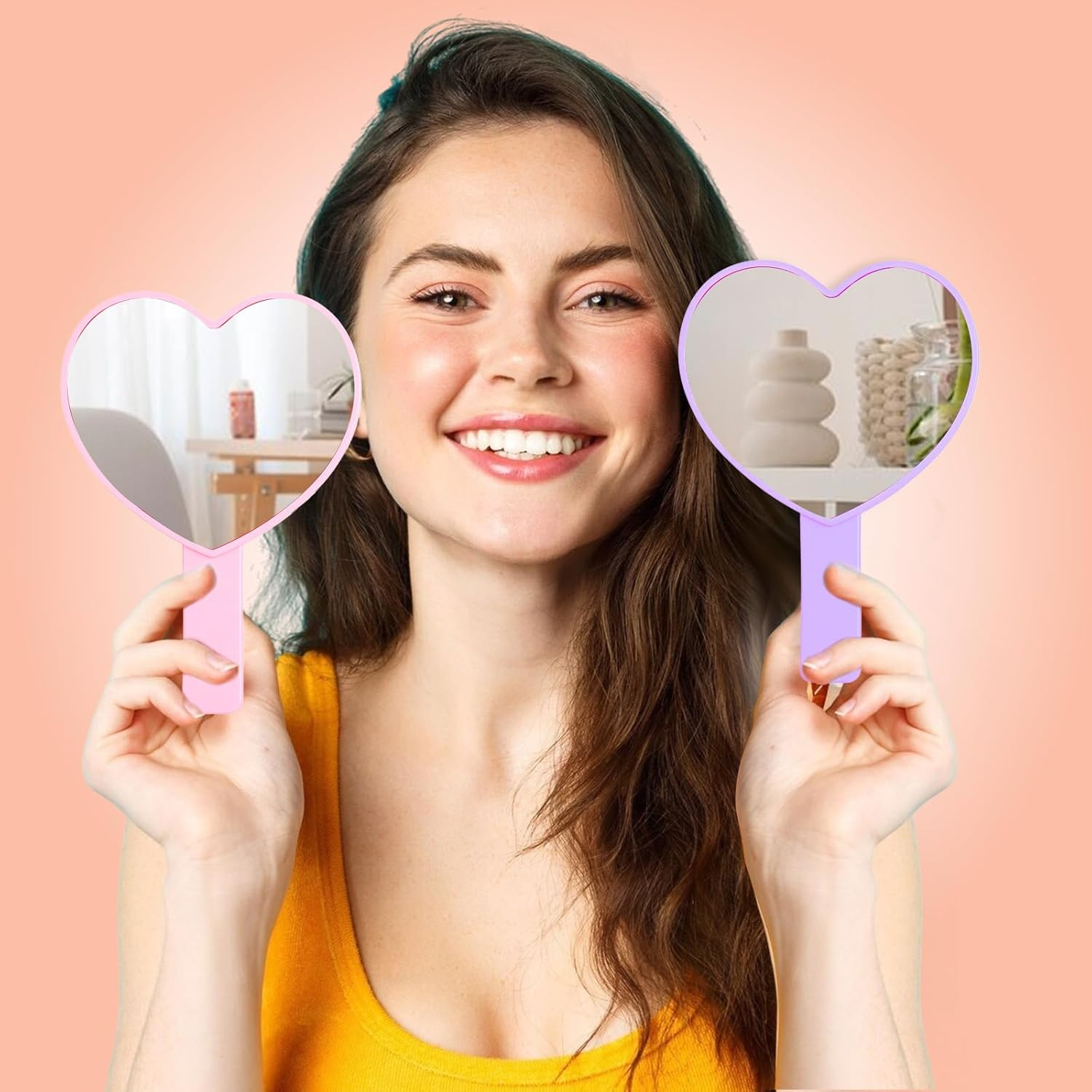 Sorcristy 2PCS Hand Mirror for Women，Heart Shaped Handheld Mirror Mini Cosmetic Mirrors with Handle Travel Makeup Decorative Hand Held Mirrors for Women Valentine&lsquo;S Day (Pink, Purple) image number 4