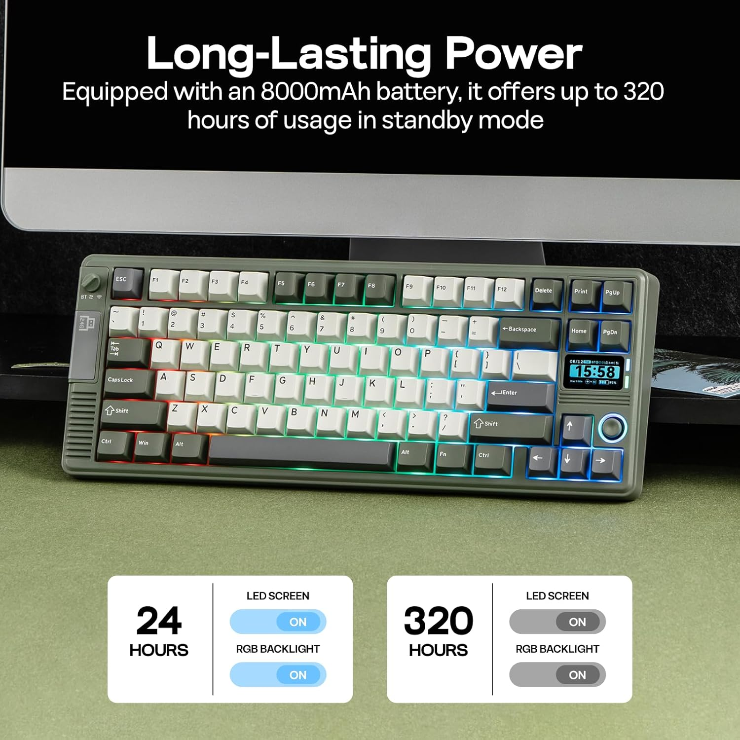 EPOMAKER RT85 Wireless Mechanical Keyboard with Joystick & DIY Screen, 8000Mah, Bt/Usb/2.4Ghz, Hot-Swap, PBT Keycap, Creamy Gasket, 75% Gaming Keyboard, US QWERTY (Army Green, Creamy Jade) image number 2