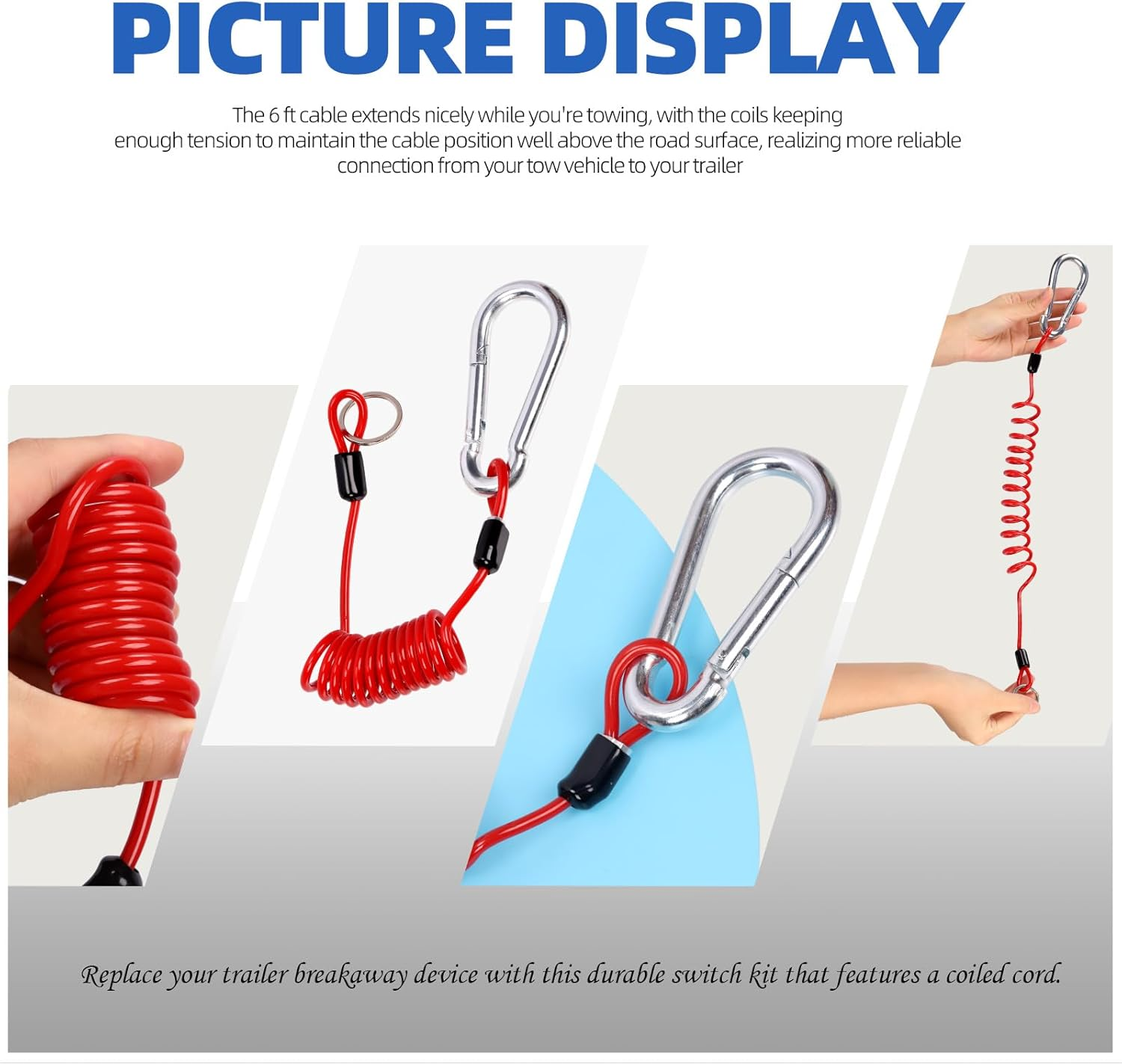 Glarks 6FT Breakaway Trailer Cable Trailer Brake Cable Stainless Steel Spring Towing Coiled Wire Safety Cables Strap Ground Clip for RV Towing Trailer Emergency image number 2