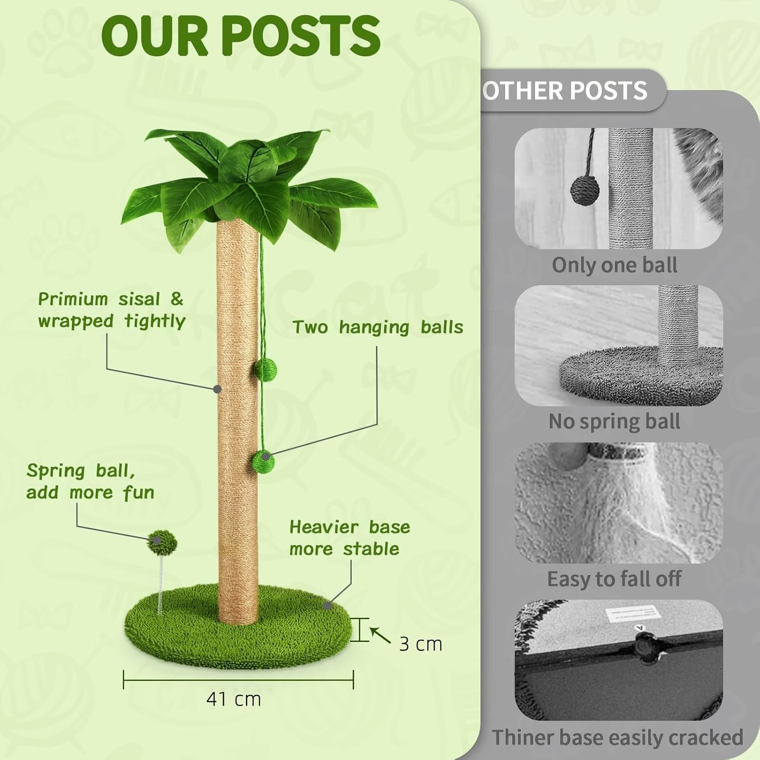 Cat Scratching Post, Tall Scratch Tree with Premium Sisal Rope, Two Interactive Dangling Balls and Spring Ball Toys for Indoor Kittens and Cats, 40 * 63 Cm