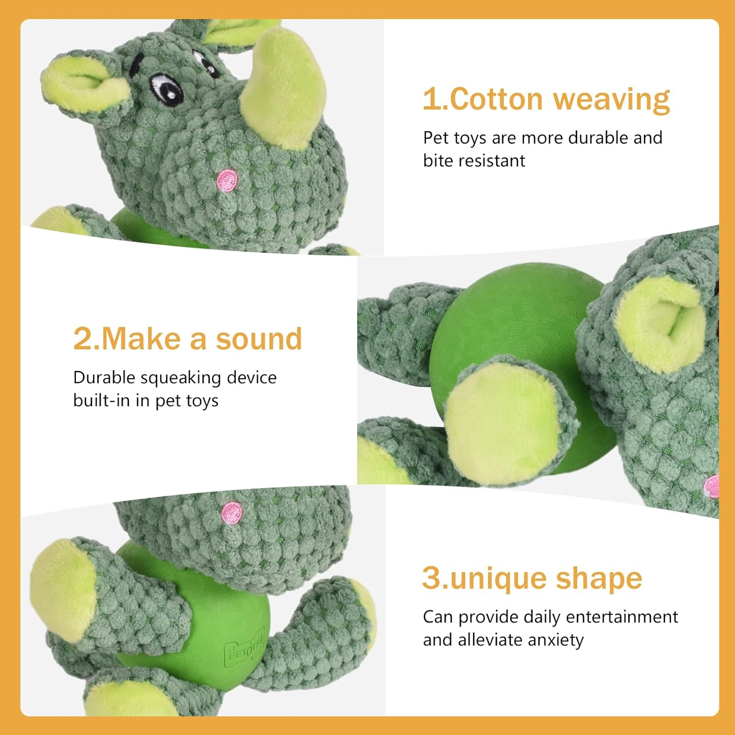 Rhino Dog Toy, Plush Dog Toy, Cute Squeaky Dog Toy with Rubber Ball, Plush Puppy Toy, Stuffed Dog Chew Toy for Puppies, Small and Medium Dogs, Pets image number 6