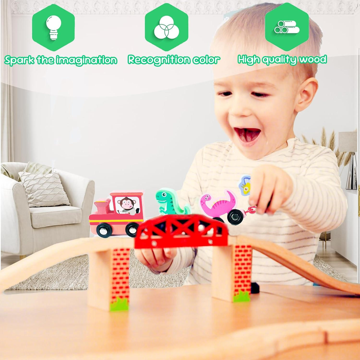 Montessori Dinosaur Toys for 2-4 Year Olds &ndash; Wooden Train Set with Storage Bag and Playmat, Educational Toy for Toddlers Boys & Girls image number 2