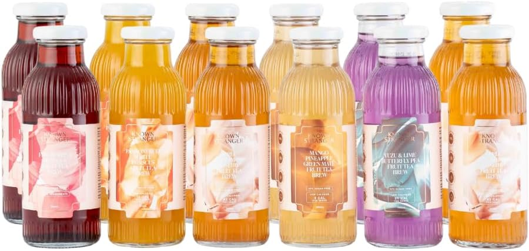 Known Stranger Fruit Tea Brew | Mixed Pack | 12 X 300Ml Glass Bottle (6 Flavours X2 Bottles Ea). Yuzu Butterfly Pea, Five Berries, Apple Cinnamon, Passionfruit Hibiscus, Mango Pineapple, Lemon Juice image number 1