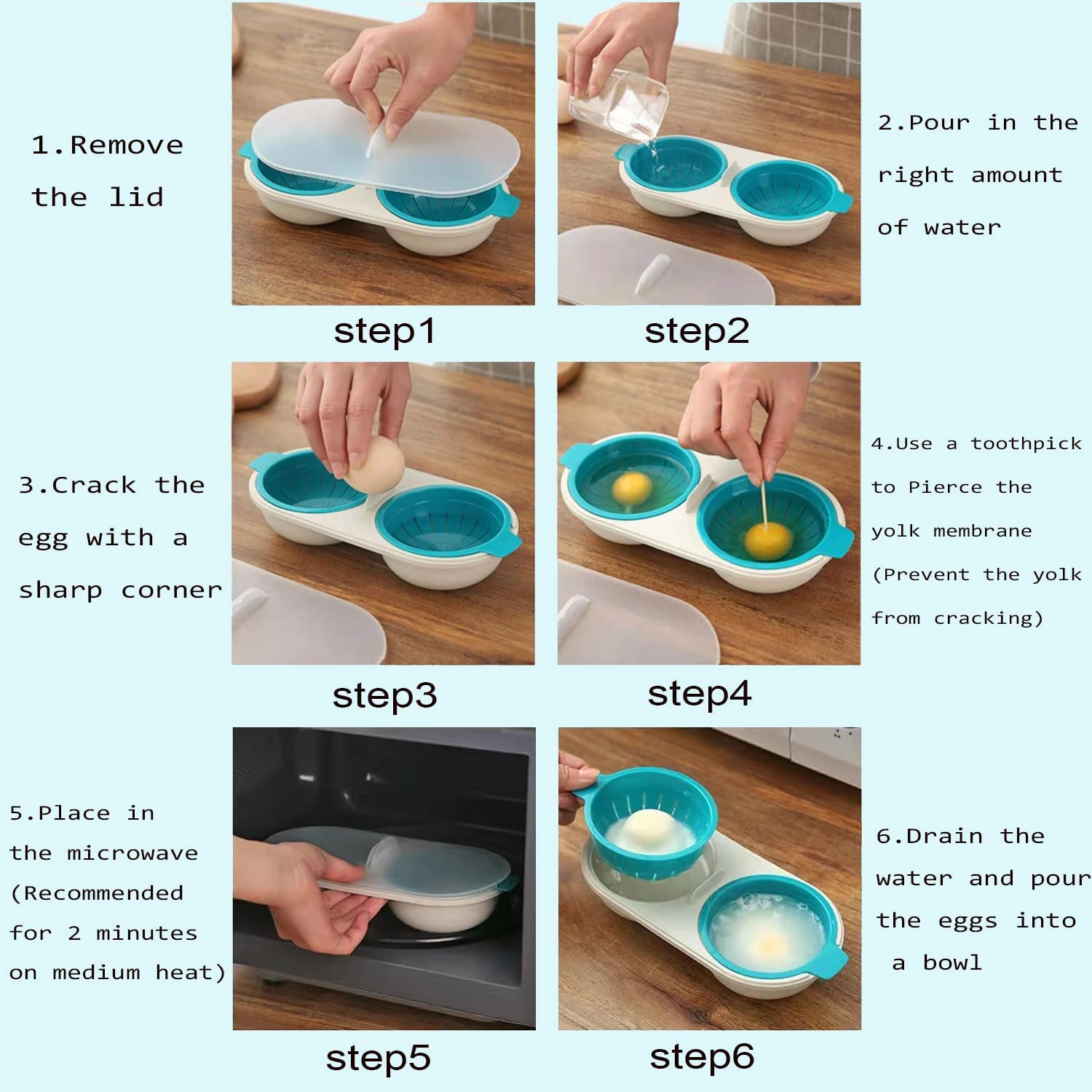 Microwave Egg Poacher, Silicone Draining Egg Boiler Double Cup Egg Boiler Non-Stick Egg Cooker Poached Egg Steamer Poached Egg Maker (Blue) image number 4