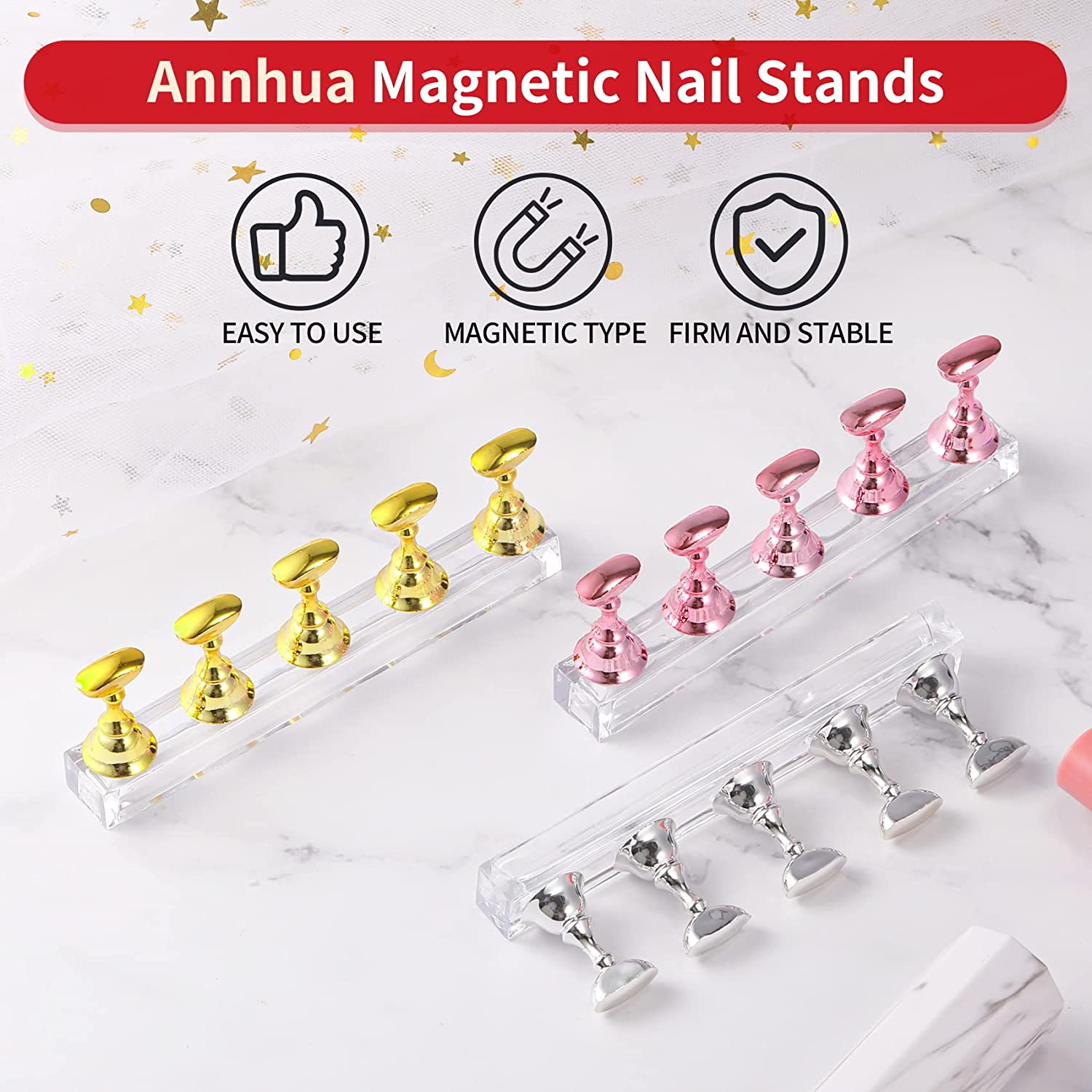 Annhua Nail Stand Acrylic Nail Design Practice Stands Magnetic Nails Holders, Nail Tip Holder for Nail Art Training Fingernail Display Stands Press on Nail Holder for Painting Nails- Silver image number 2