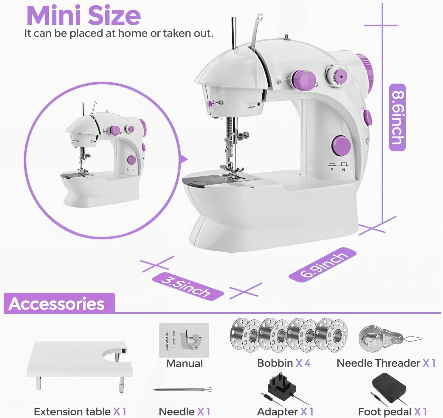Amazon Sewing Machine, Basic Sewing Machine with Foot Pedal, Stitching Machine for Children10Pcs Sewing Kit, Dual Threads Electric Tacking Machine for Beginners [The Yellow Mango] (With Table + Kit) image number 4