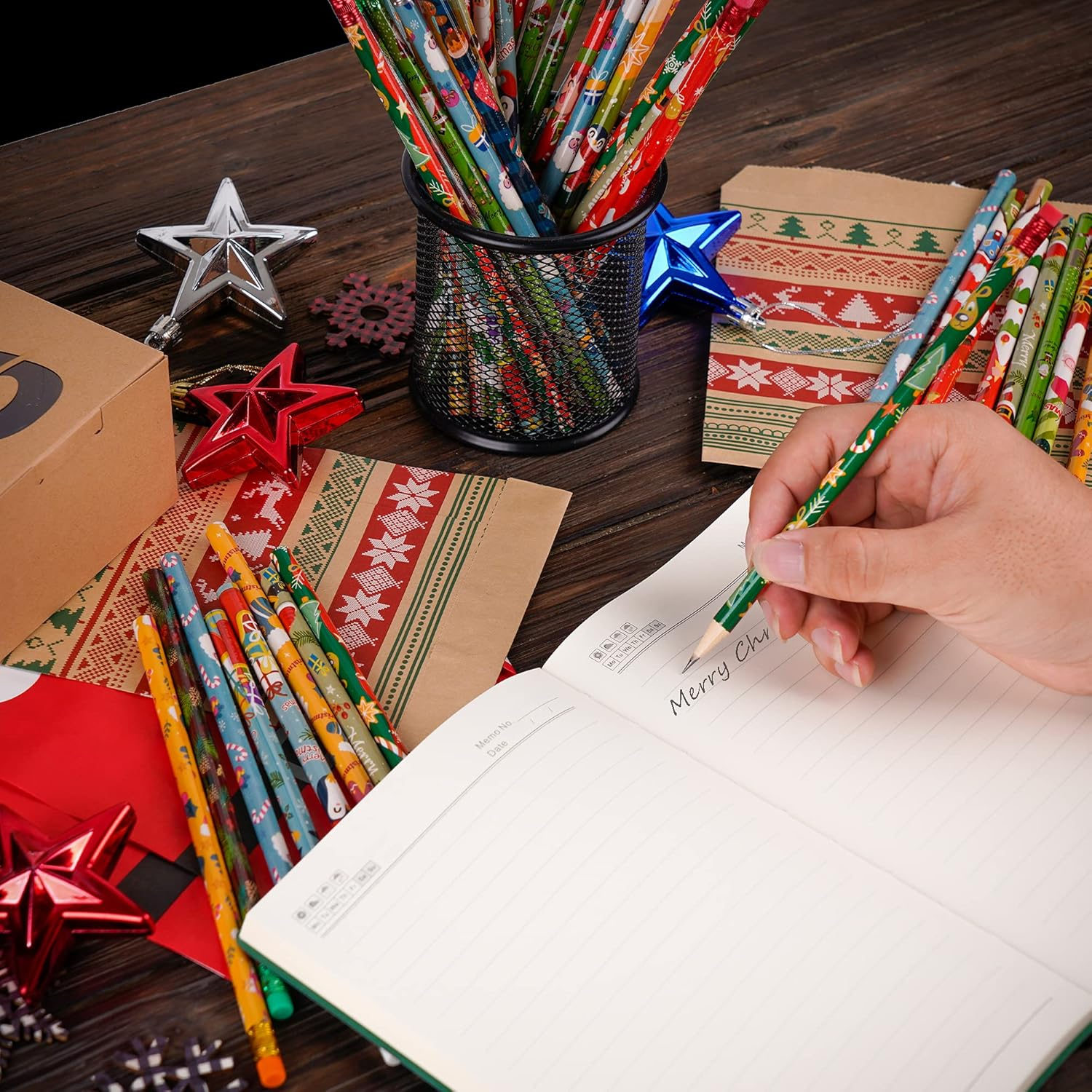 Kolewo4Ever 100 Pieces Christmas Pencils Xmas Wood Pencils with Eraser Tops Snowman, Santa and Elk Pencil Assortment Christmas Stationery Pencil,12 Styles (100) image number 4